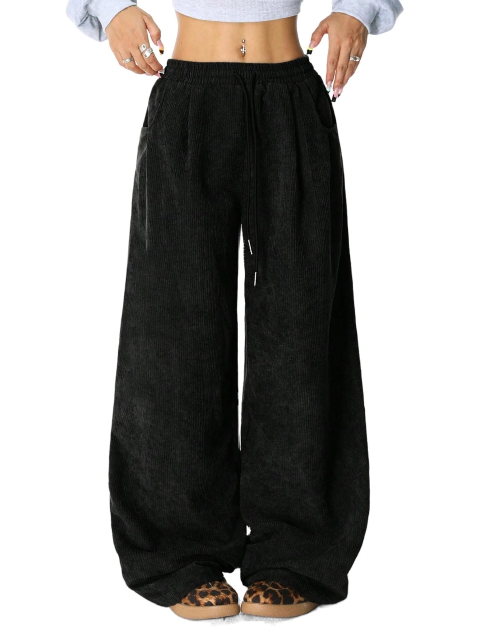 Unilexi Womens Wide-Leg Corduroy Pants with Drawstring Elastic Waist Casual Palazzo Pants Loose Fit