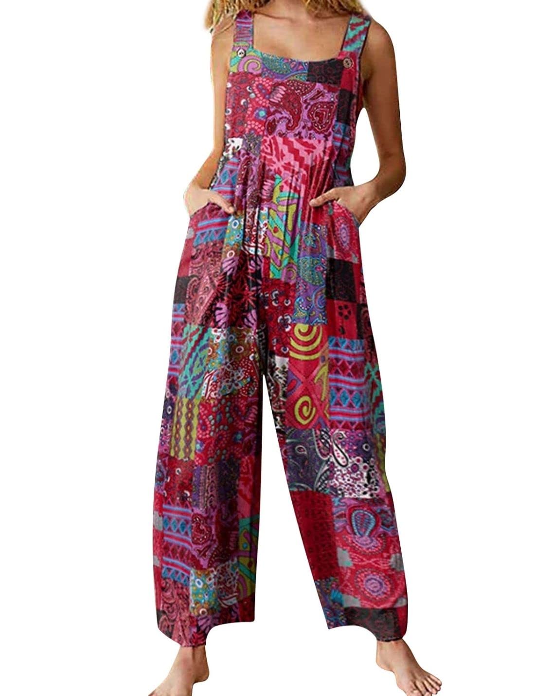 Unilexi Women's Wide Leg Cotton Jumpsuits Boho Floral Print Casual Bib Overalls with Pockets