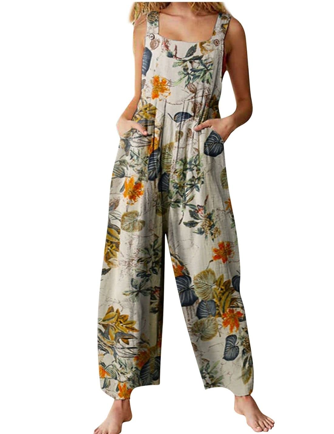 Unilexi Women's Wide Leg Cotton Jumpsuits Boho Floral Print Casual Bib Overalls with Pockets