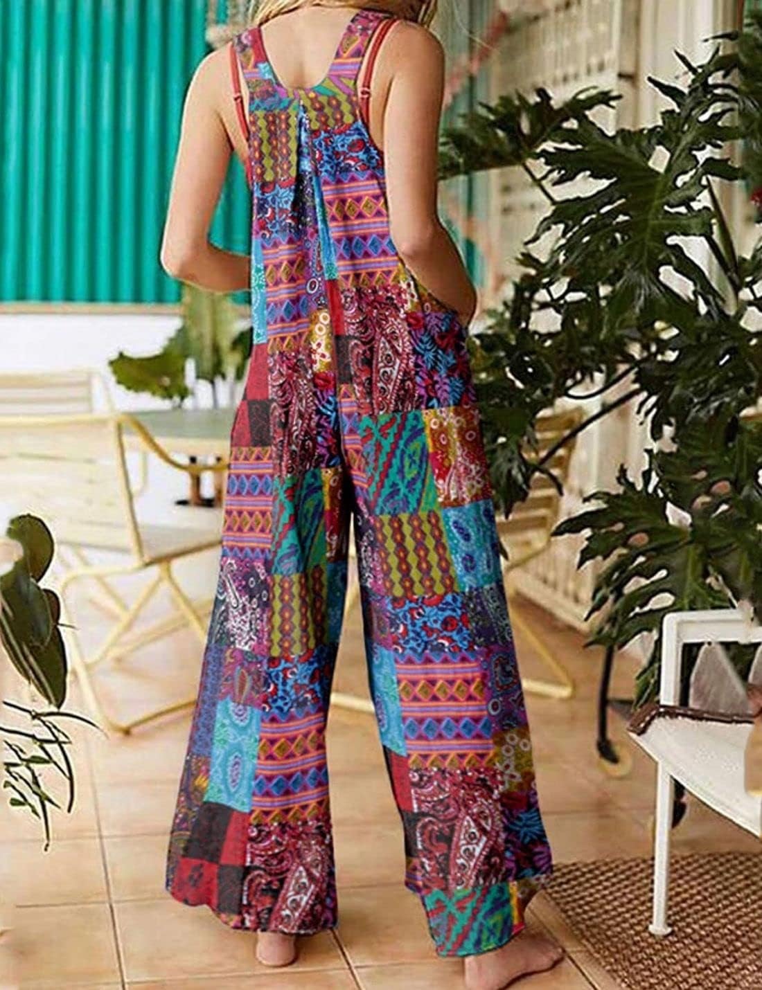 Unilexi Women's Wide Leg Cotton Jumpsuits Boho Floral Print Casual Bib Overalls with Pockets