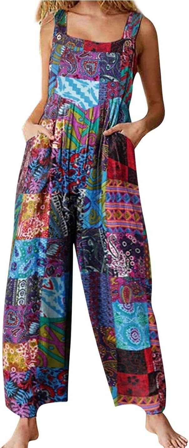 Unilexi Women's Wide Leg Cotton Jumpsuits Boho Floral Print Casual Bib Overalls with Pockets