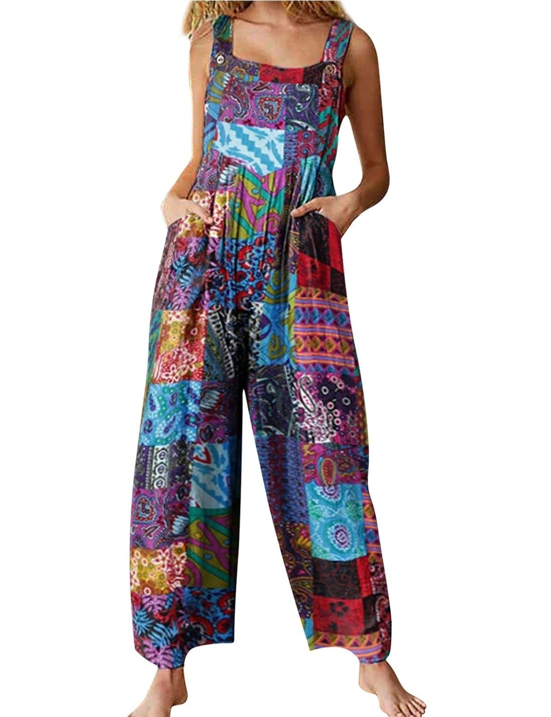 Unilexi Women's Wide Leg Cotton Jumpsuits Boho Floral Print Casual Bib Overalls with Pockets