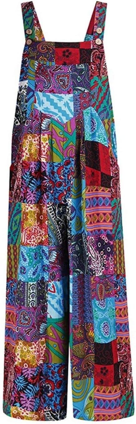 Unilexi Women's Wide Leg Cotton Jumpsuits Boho Floral Print Casual Bib Overalls with Pockets