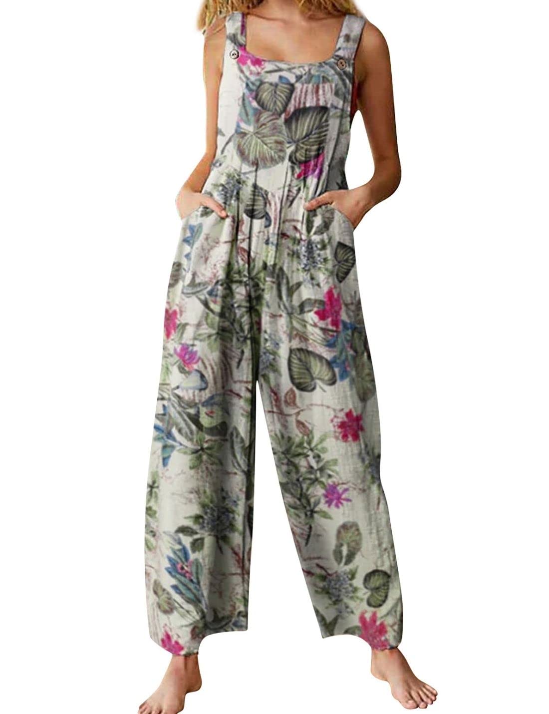 Unilexi Women's Wide Leg Cotton Jumpsuits Boho Floral Print Casual Bib Overalls with Pockets