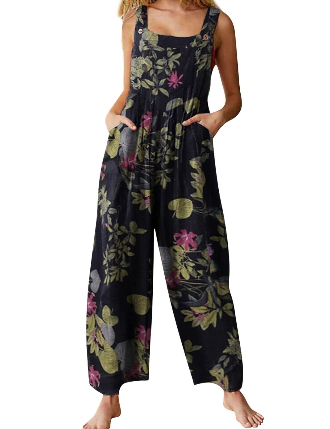 Unilexi Women's Wide Leg Cotton Jumpsuits Boho Floral Print Casual Bib Overalls with Pockets