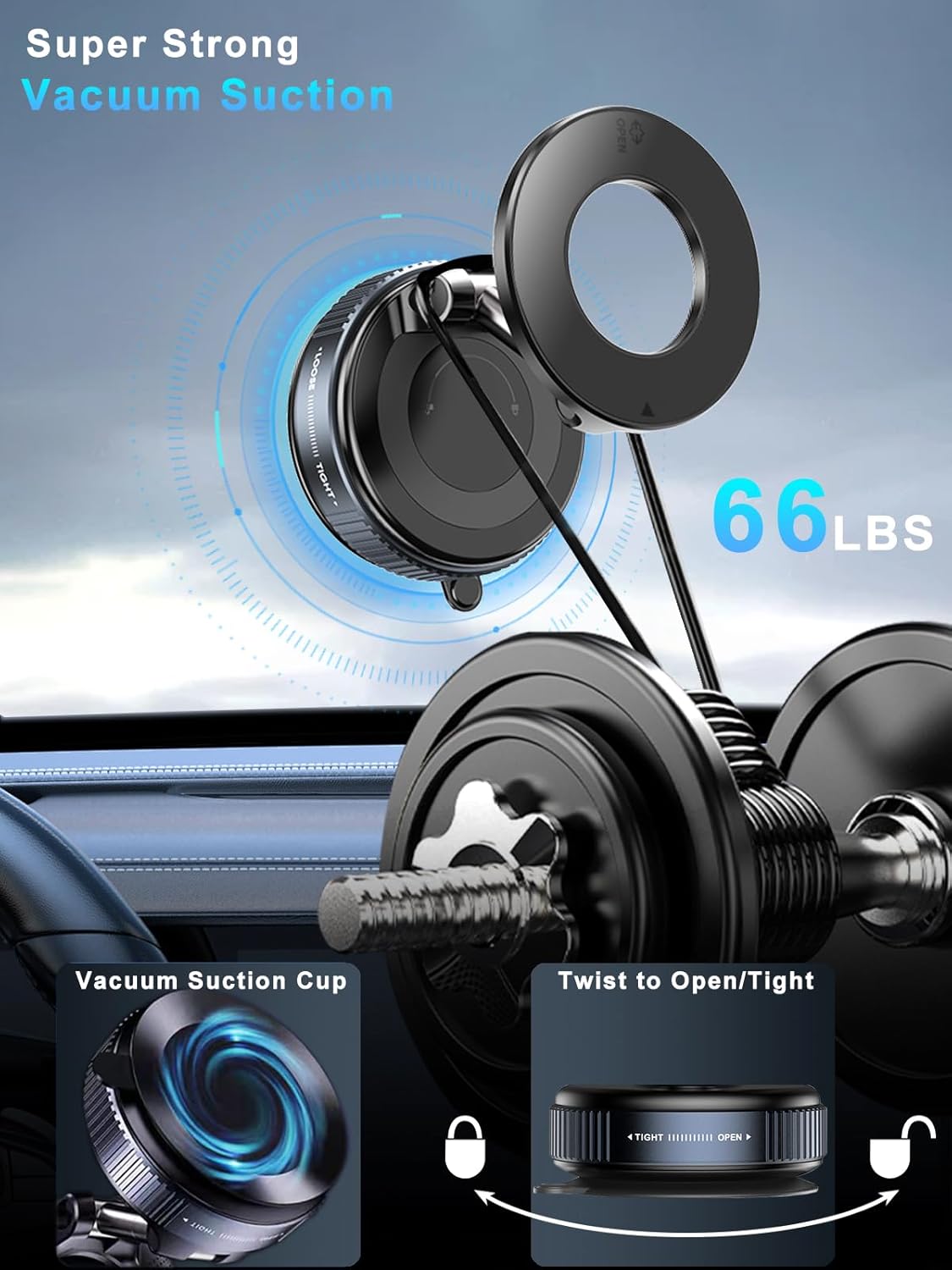 Upgraded 360° Vacuum Magnetic Phone Holder & Solar Smart Car Air Freshener with Auto On/Off, Aluminum Alloy Body,3 Adjustable Concentration