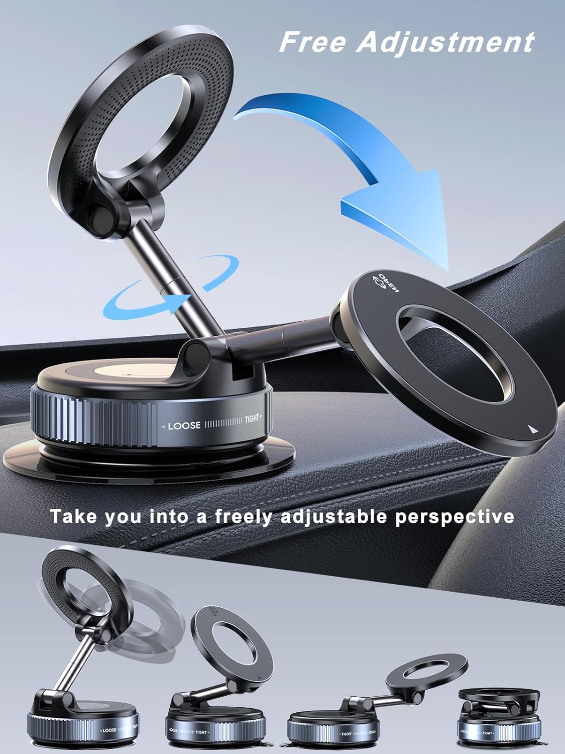 Upgraded 360° Vacuum Magnetic Phone Holder & Solar Smart Car Air Freshener with Auto On/Off, Aluminum Alloy Body,3 Adjustable Concentration Black