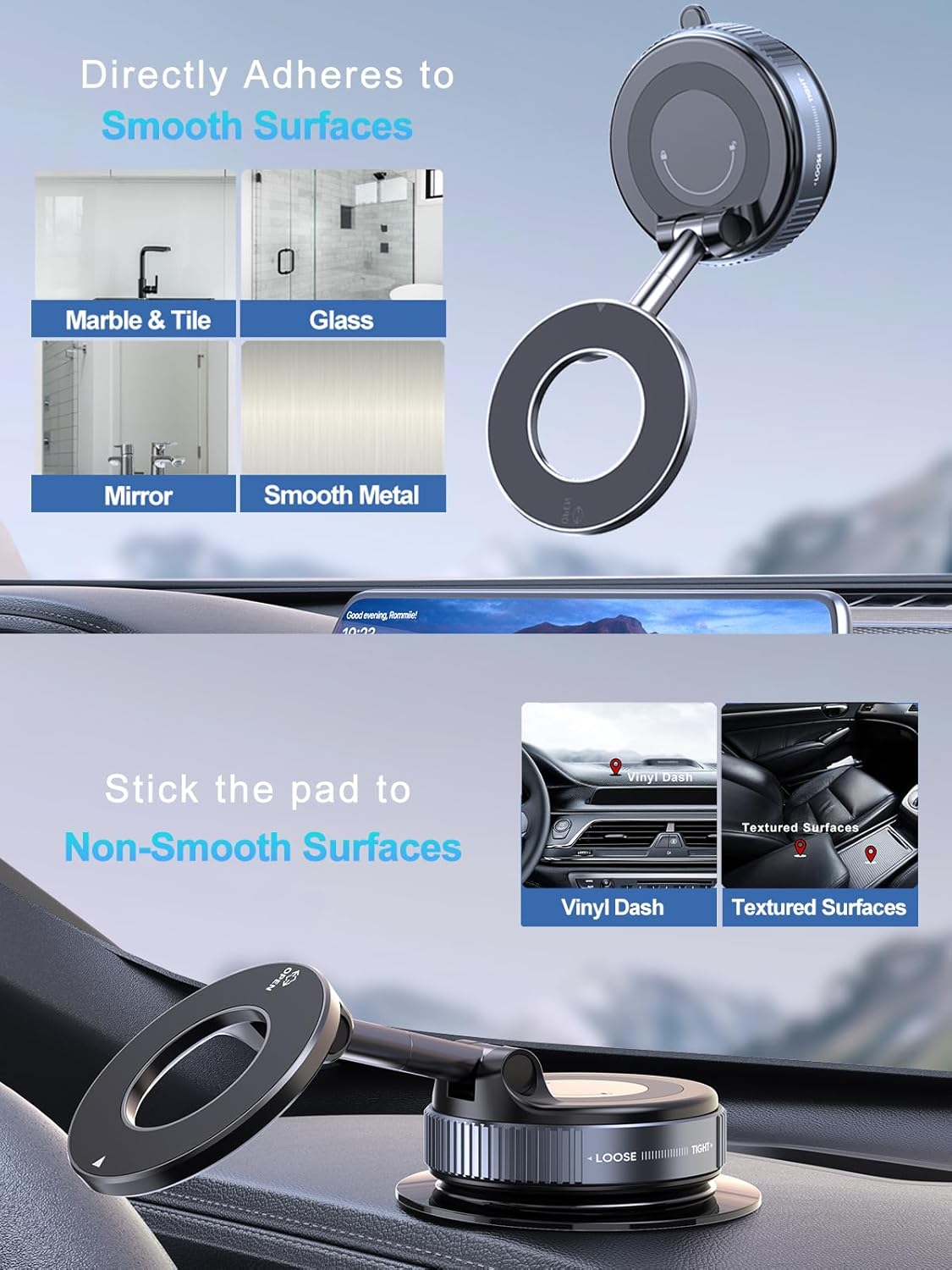 Upgraded 360° Vacuum Magnetic Phone Holder & Solar Smart Car Air Freshener with Auto On/Off, Aluminum Alloy Body,3 Adjustable Concentration Black