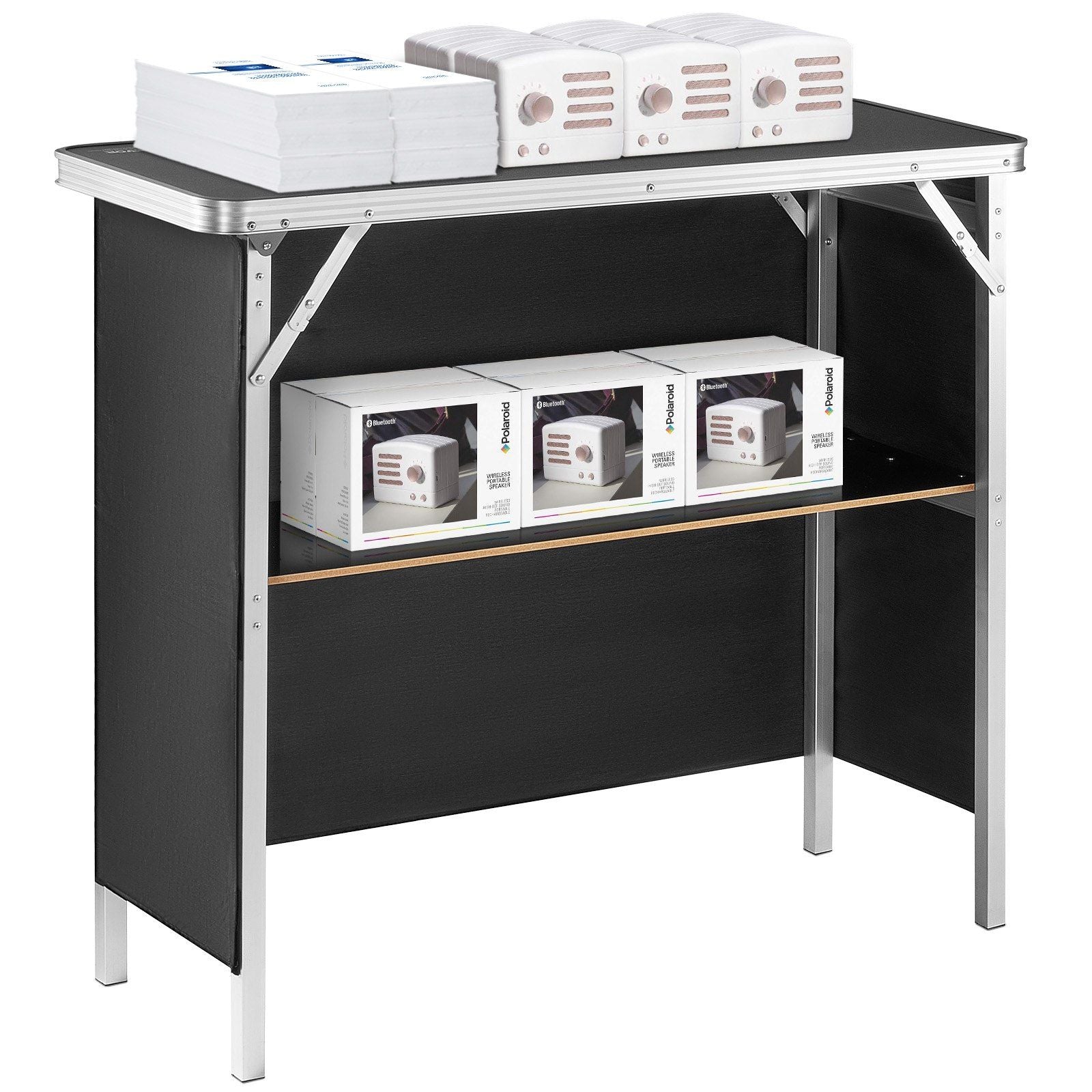 VEVOR Folding Portable Bar Table, Tradeshow Podium Table for Indoor, Outdoor, Party, Picnic, Exhibition, Includes Carrying Case, Storage Shelf and Black Skirt, 38.39" x 15.16" x 34.25"
