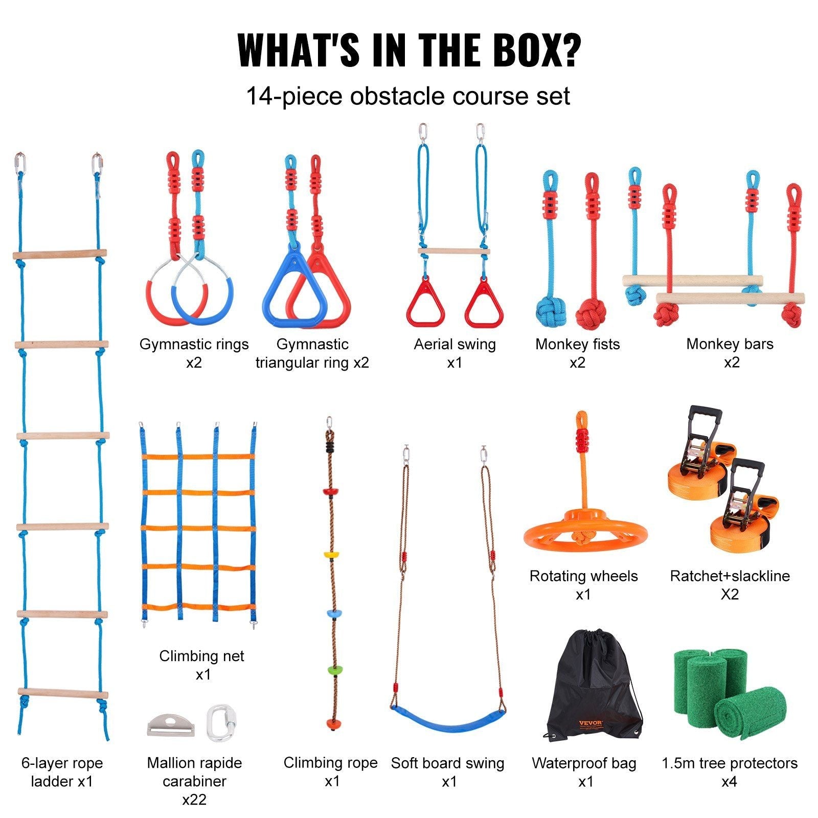 VEVOR Ninja Warrior Obstacle Course for Kids, 2 x 60 ft Weatherproof Slacklines, 500lbs Weight Capacity Monkey Line, Outdoor Playset Equipment, Backyard Toys Training Equipment Set with 14 Obstacles