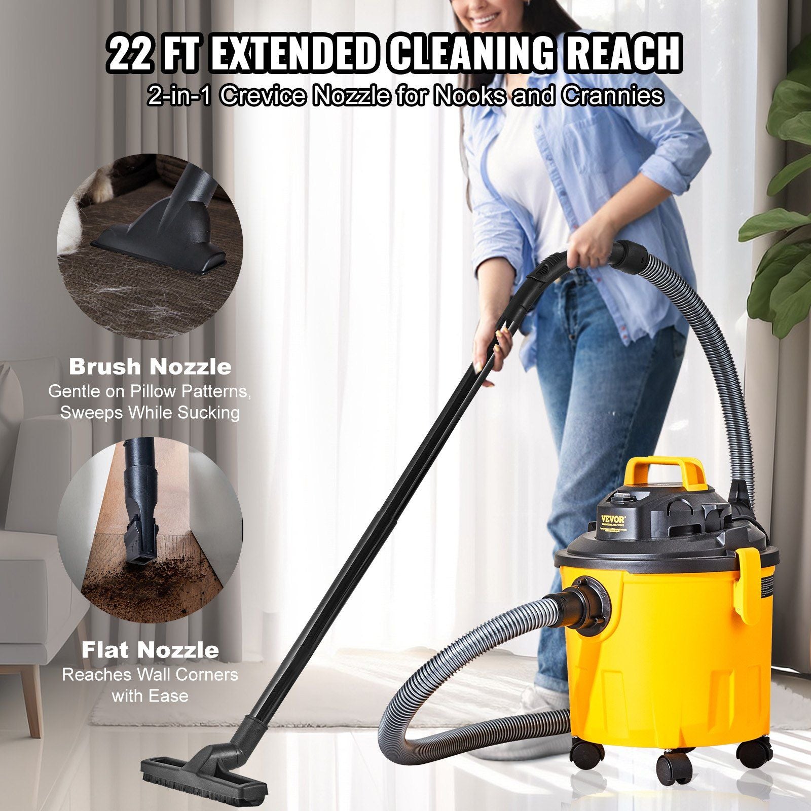 VEVOR Shop Vacuum Wet And Dry, 5 Gallon 6 Peak HP Wet/Dry Vac, Powerful Suction with Blower Function with Attachments 2-in-1 Crevice Nozzle, Small Shop Vac Perfect for Carpet Debris, Pet Hair, Car