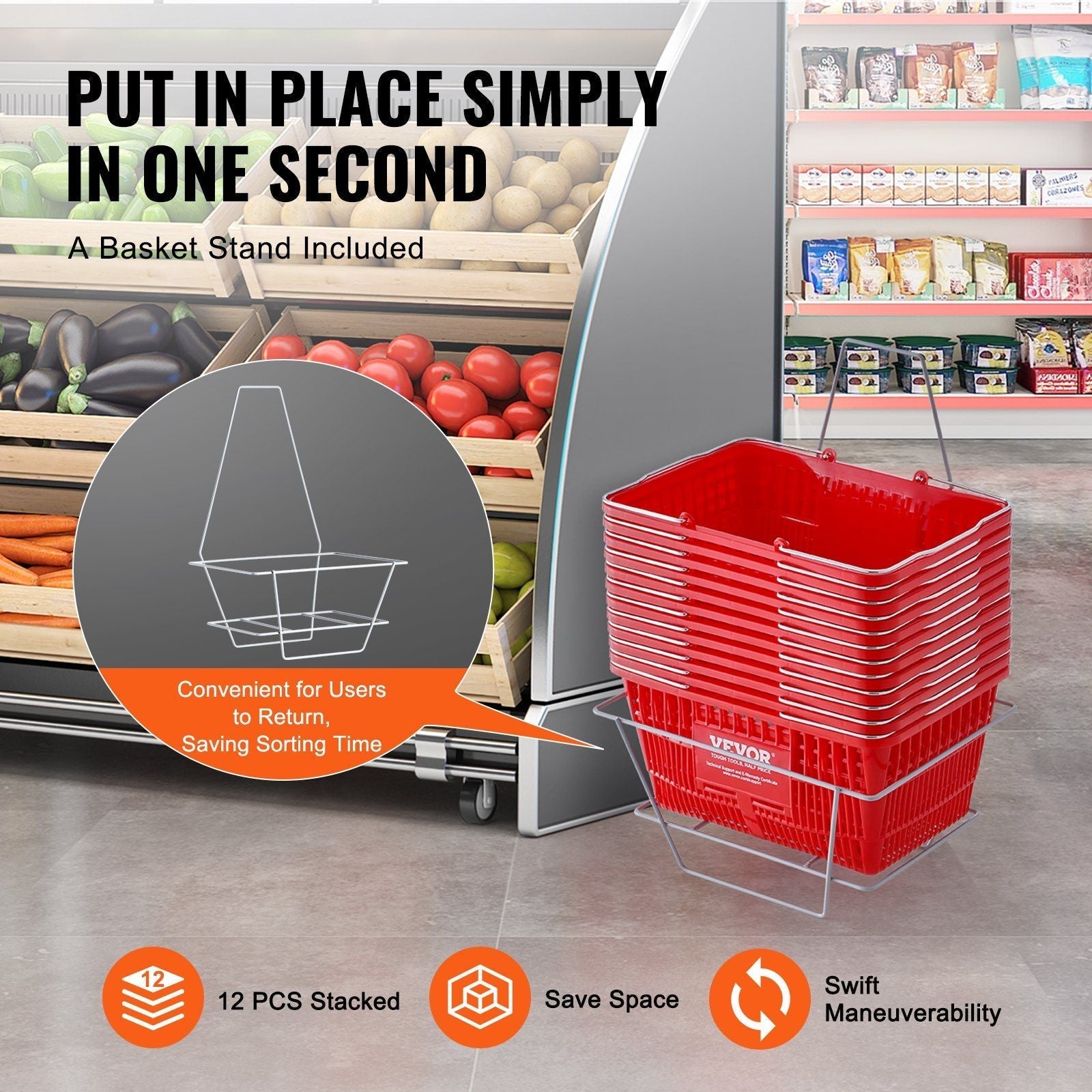 VEVOR Shopping Basket, Set of 12, 21L Durable Plastic Grocery Basket with Metal Handle and Stand, 16.73 x 12.01 x 8.58 inch Portable Shop Basket Used for Retail Store Supermarket Grocery Shopping, Red