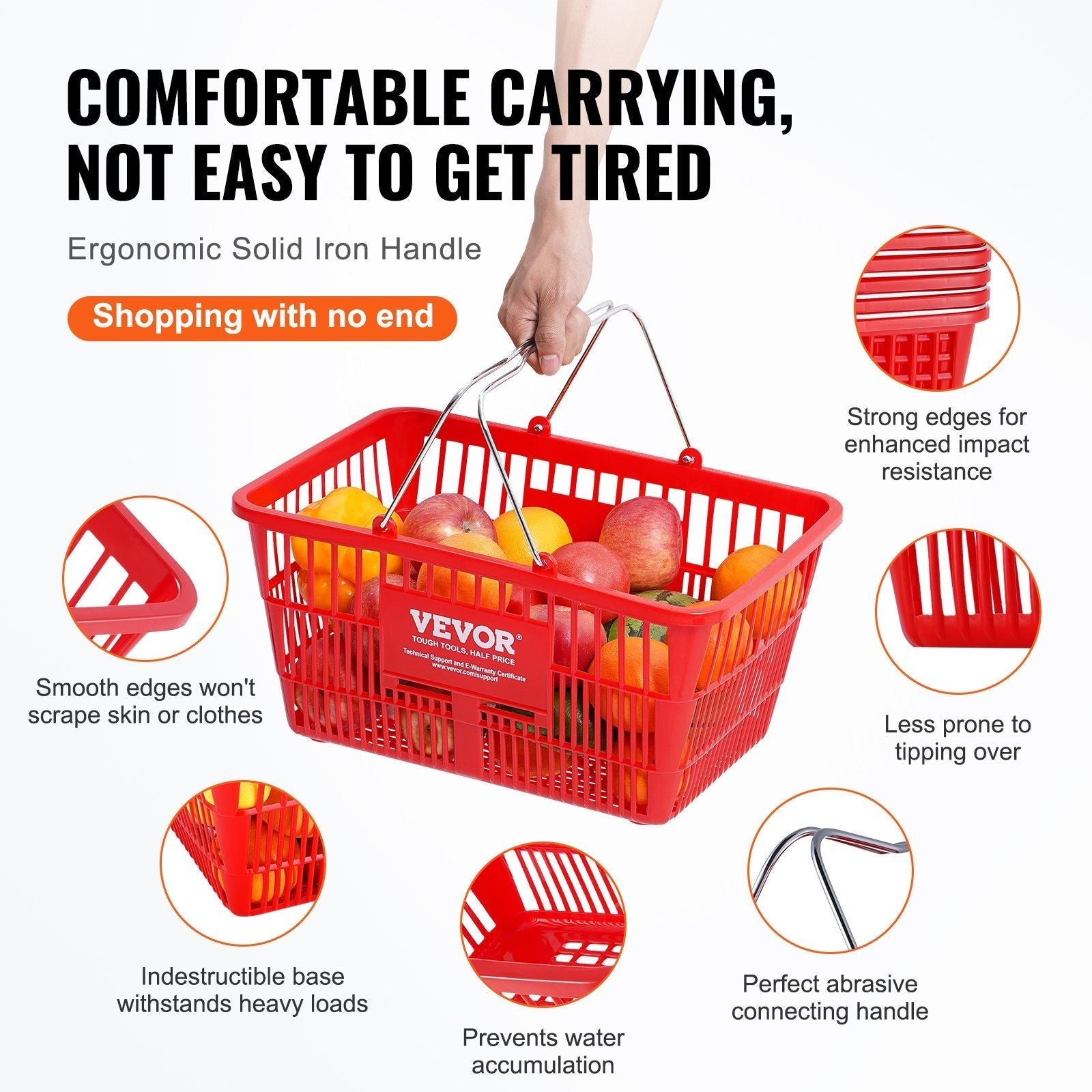 VEVOR Shopping Basket, Set of 12, 21L Durable Plastic Grocery Basket with Metal Handle and Stand, 16.73 x 12.01 x 8.58 inch Portable Shop Basket Used for Retail Store Supermarket Grocery Shopping, Red