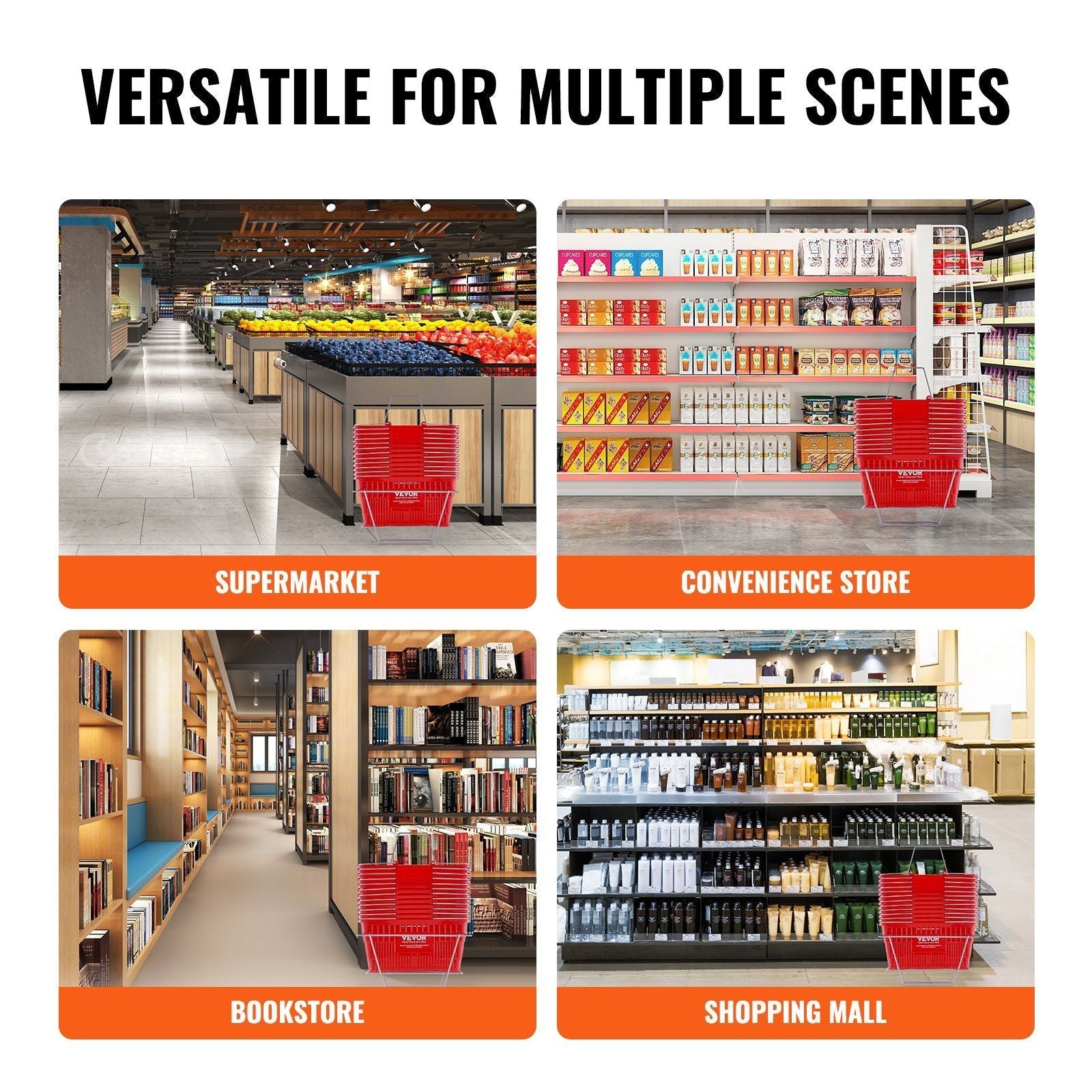 VEVOR Shopping Basket, Set of 12, 21L Durable Plastic Grocery Basket with Metal Handle and Stand, 16.73 x 12.01 x 8.58 inch Portable Shop Basket Used for Retail Store Supermarket Grocery Shopping, Red