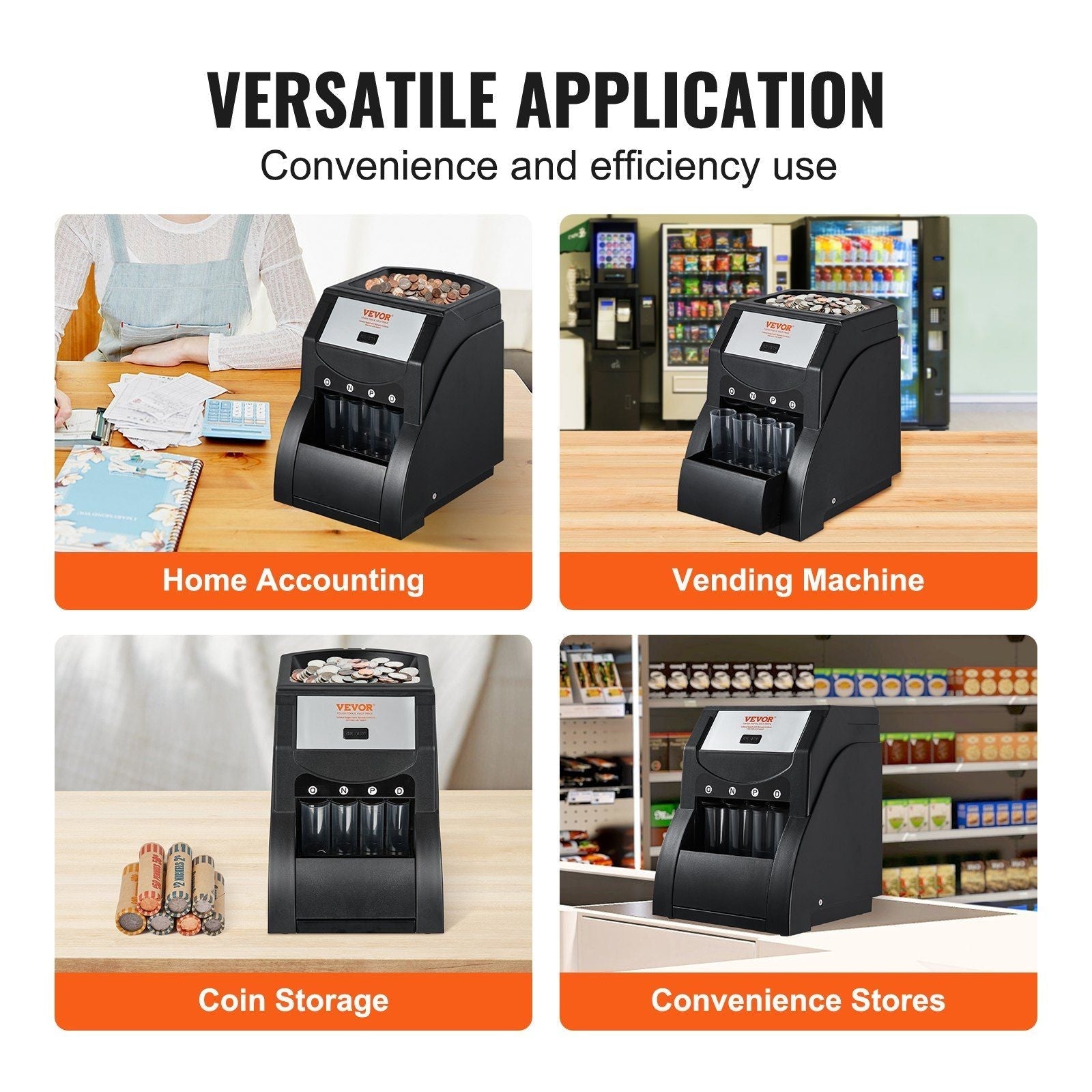 VEVOR USD Coin Sorter, Coin Sorter Machine for USD Coin 1¢ 5¢ 10¢ 25¢, Sorts up to 230 Coins/min, Coin Sorter and Wrapper Machine Holds 200 Coins Included 4 Coin Tubes, Black