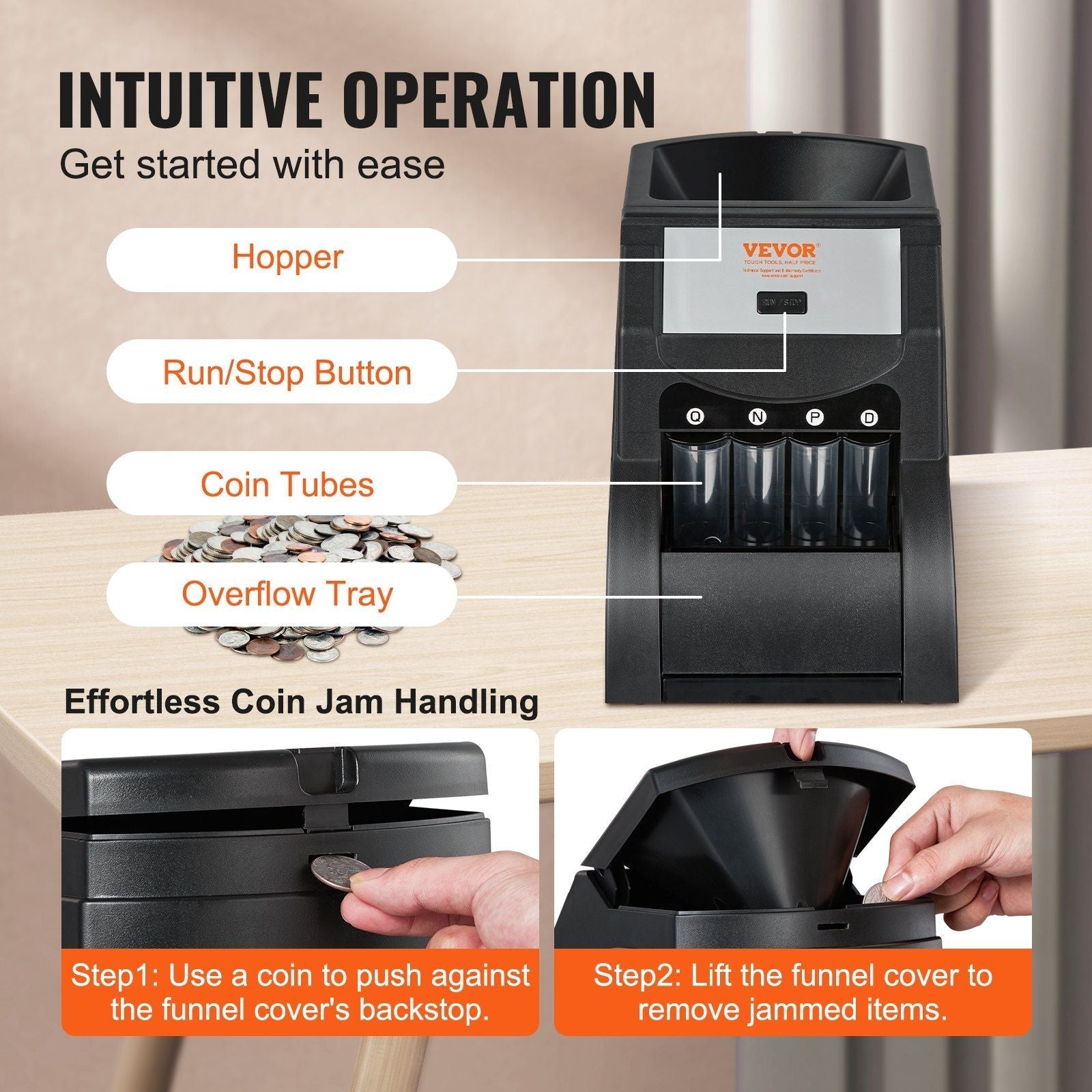 VEVOR USD Coin Sorter, Coin Sorter Machine for USD Coin 1¢ 5¢ 10¢ 25¢, Sorts up to 230 Coins/min, Coin Sorter and Wrapper Machine Holds 200 Coins Included 4 Coin Tubes, Black
