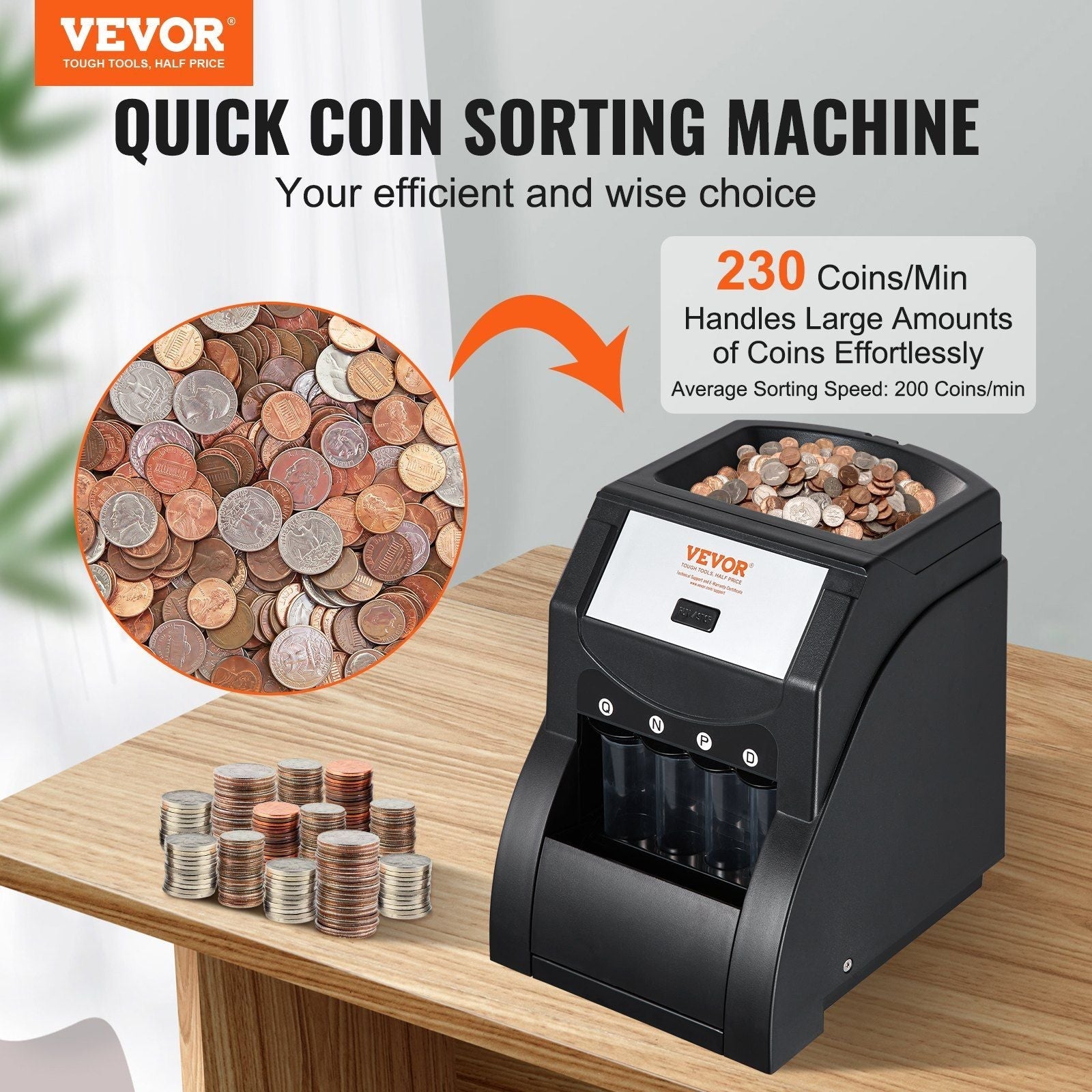 VEVOR USD Coin Sorter, Coin Sorter Machine for USD Coin 1¢ 5¢ 10¢ 25¢, Sorts up to 230 Coins/min, Coin Sorter and Wrapper Machine Holds 200 Coins Included 4 Coin Tubes, Black
