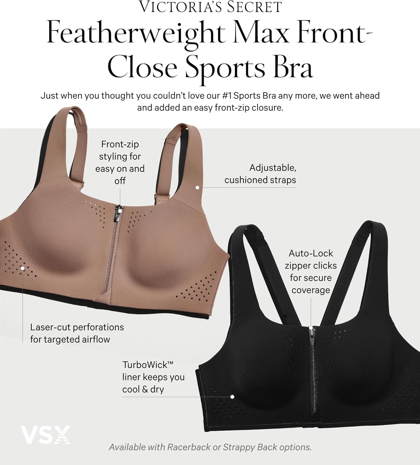 Victoria's Secret Women's VSX Featherweight Max Front Close Sports Bra, High Impact (32A-38DD)