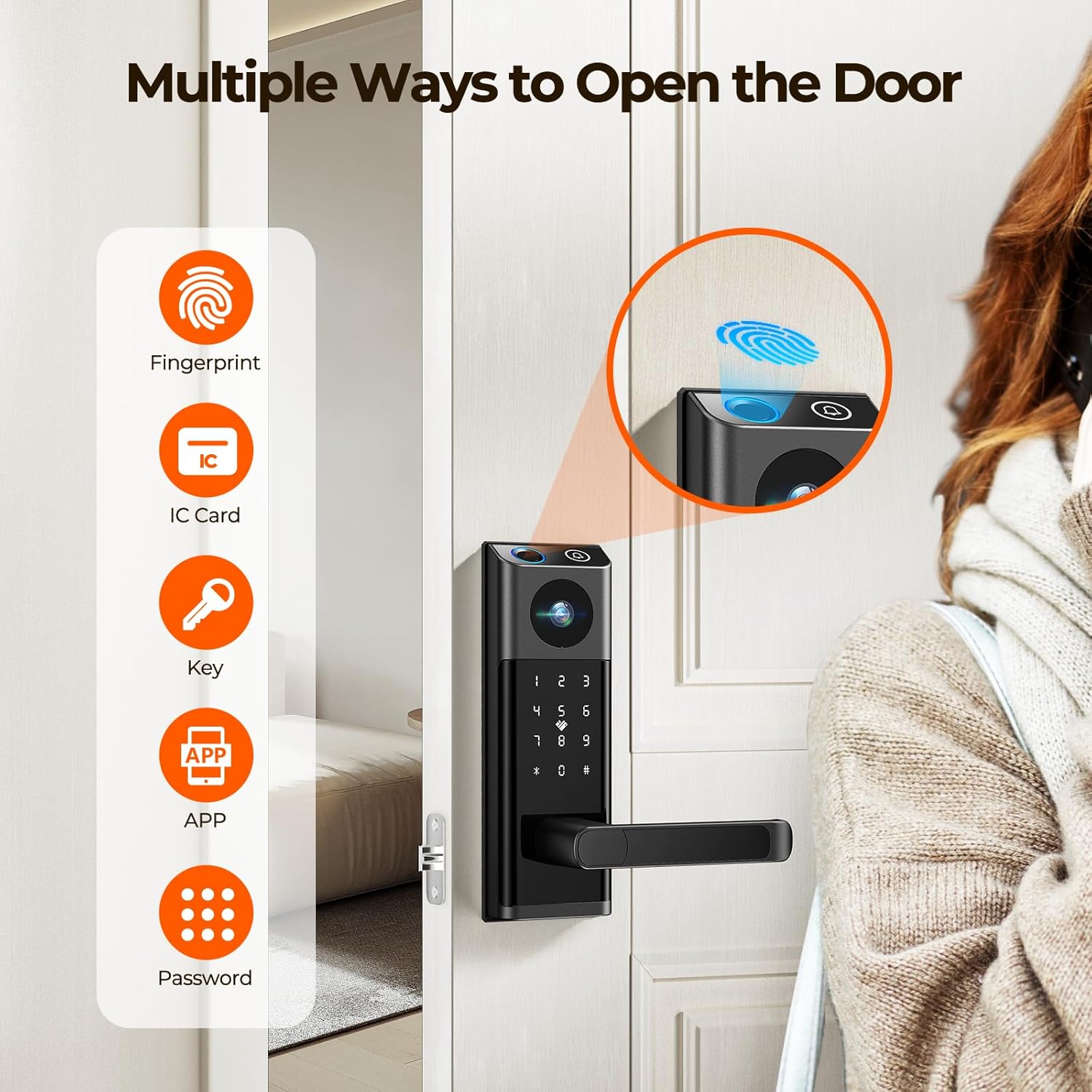 Video Smart Lock with Camera & Doorbell, 5-in-1 Keyless Entry Door Lock with Handle, Fingerprint+Keypad Code+App Remote Control+IC Card, Auto Lock, Wi-Fi Smart Deadbolt for Front Door, Apartment