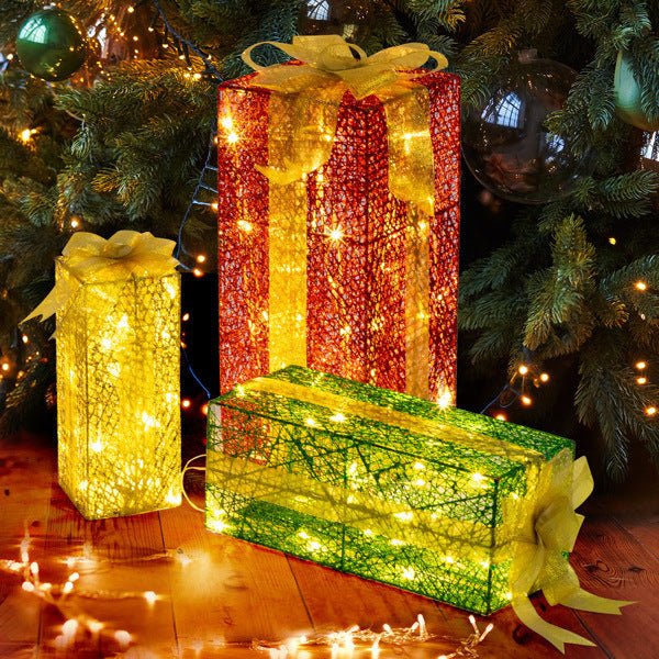 VINGLI Lighted Gift Boxes Set of 3, Pre-lit Nestable Present Boxes Ornament with 90 LED Warm White Lights and Stakes for Christmas Outdoor Indoor Decorations Lighted Holiday Displays