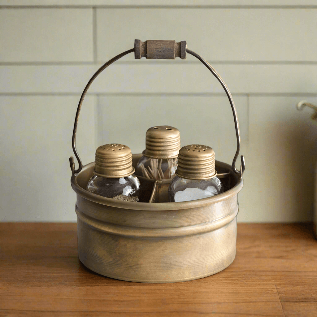 Vintage Salt Pepper and Toothpick Caddy in Antique Brass