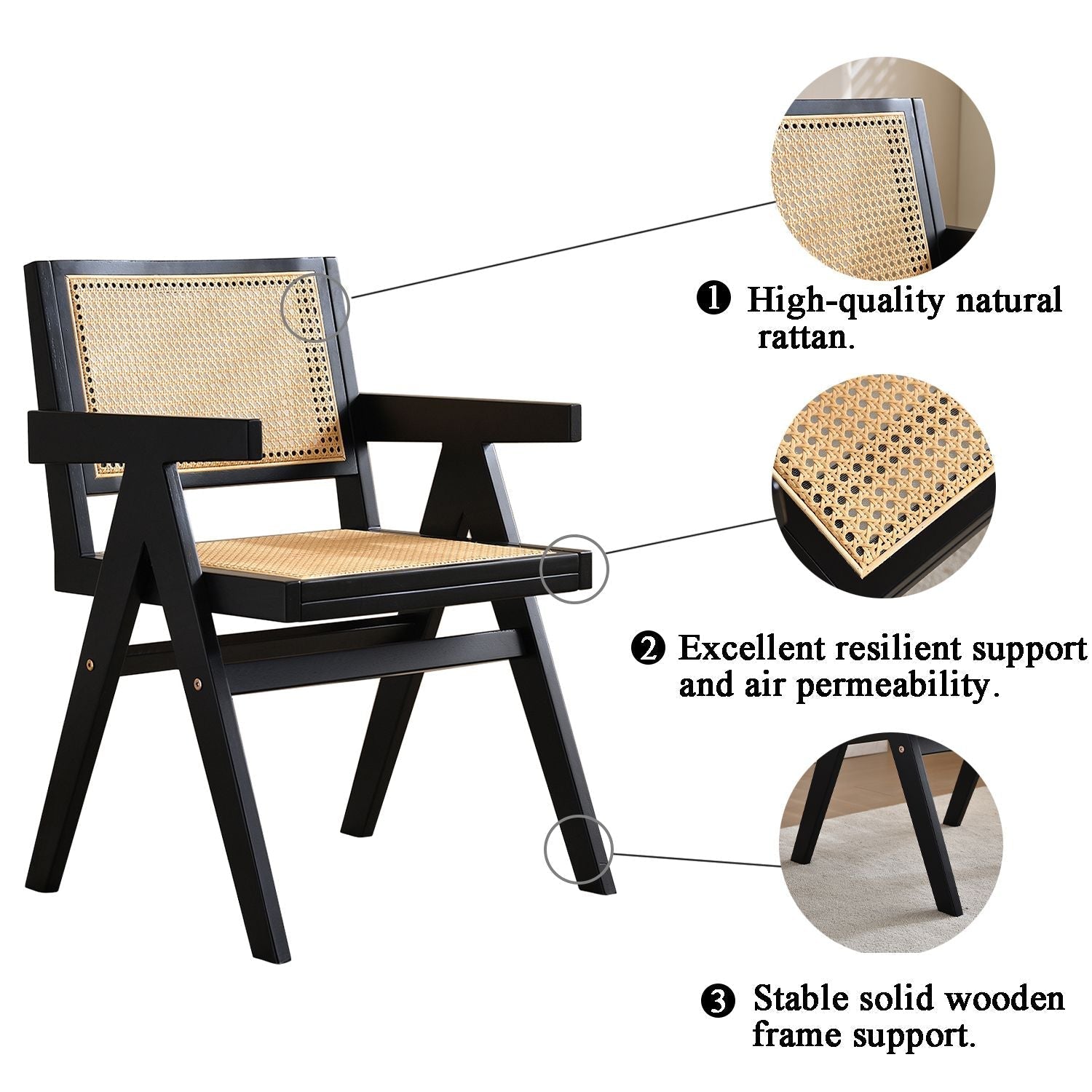 Vintage Solid Wood Rattan Chair, Arm Chair,Dining Chiar, For Dining Room, living Room, Outdoor, Natural