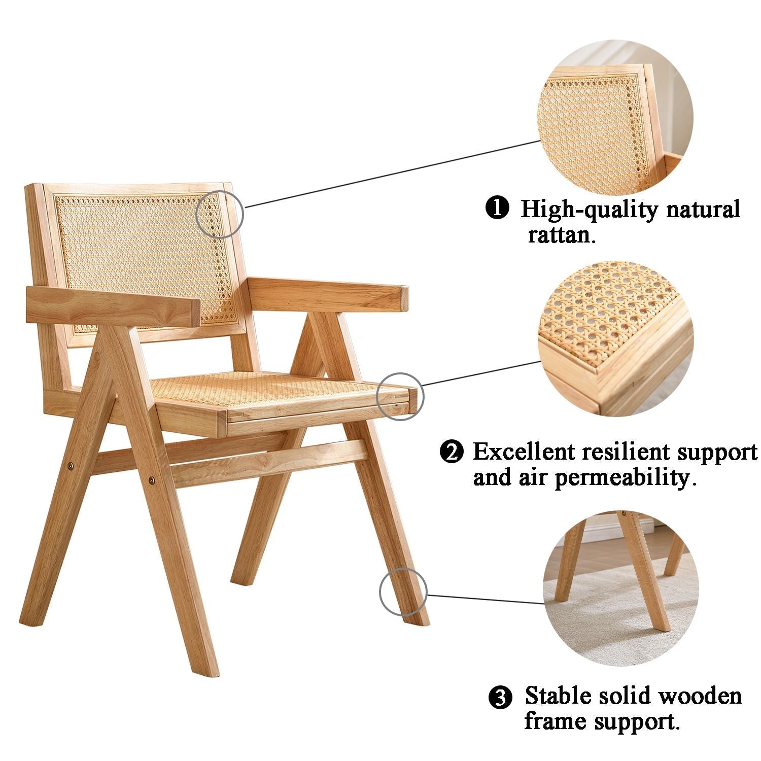 Vintage Solid Wood Rattan Chair, Arm Chair,Dining Chiar, For Dining Room, living Room, Outdoor, Natural