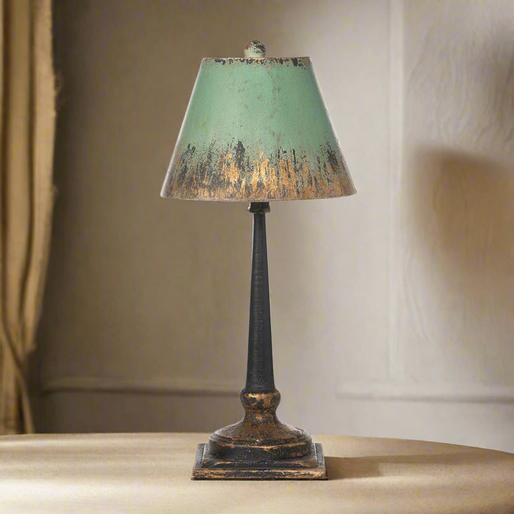 Vintage Table Lamp with Distressed Green and Gold Shade