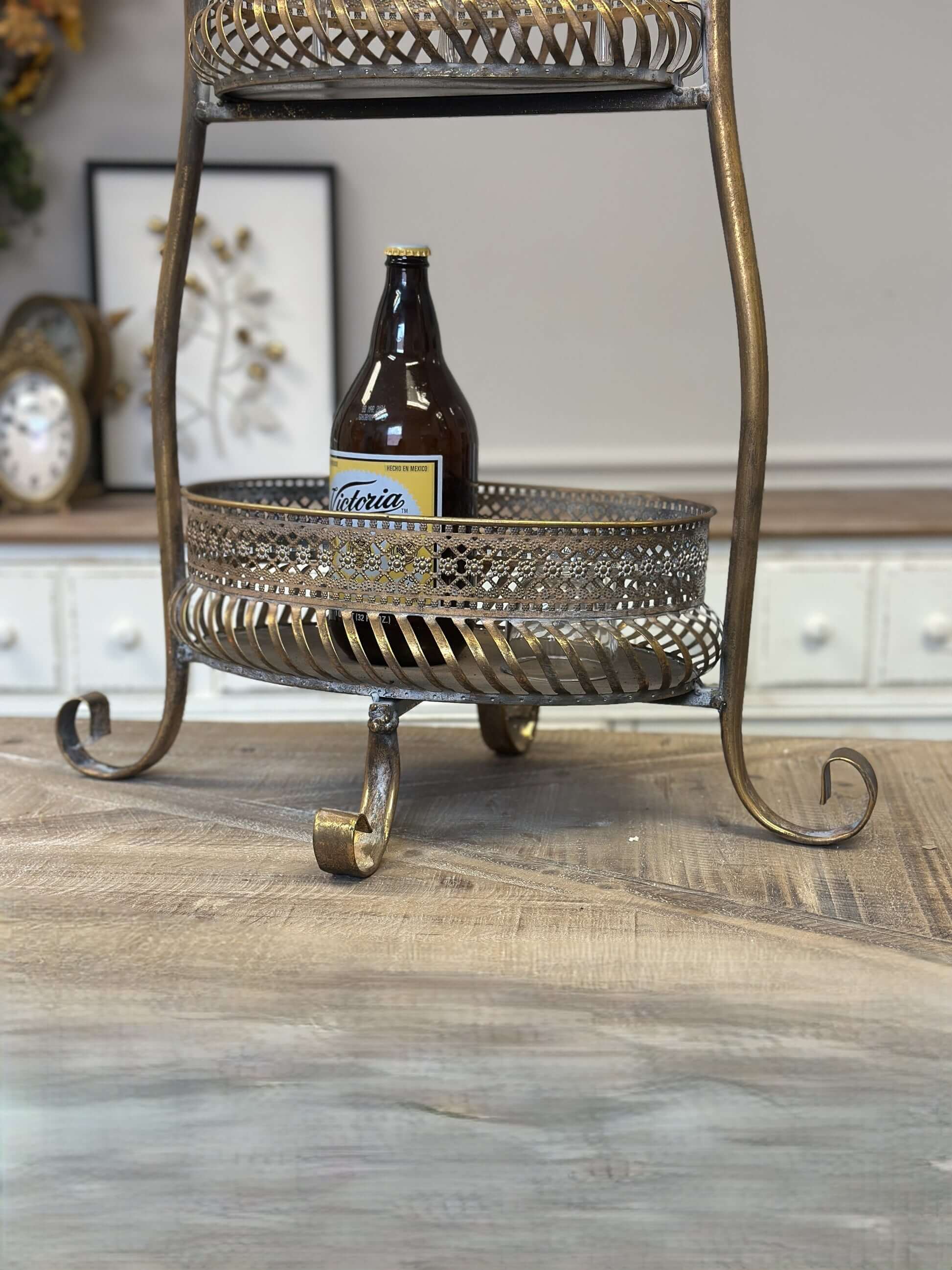 Vintage Brass 2-Tier Metal Bar Cart Stand with Ornate Detailing