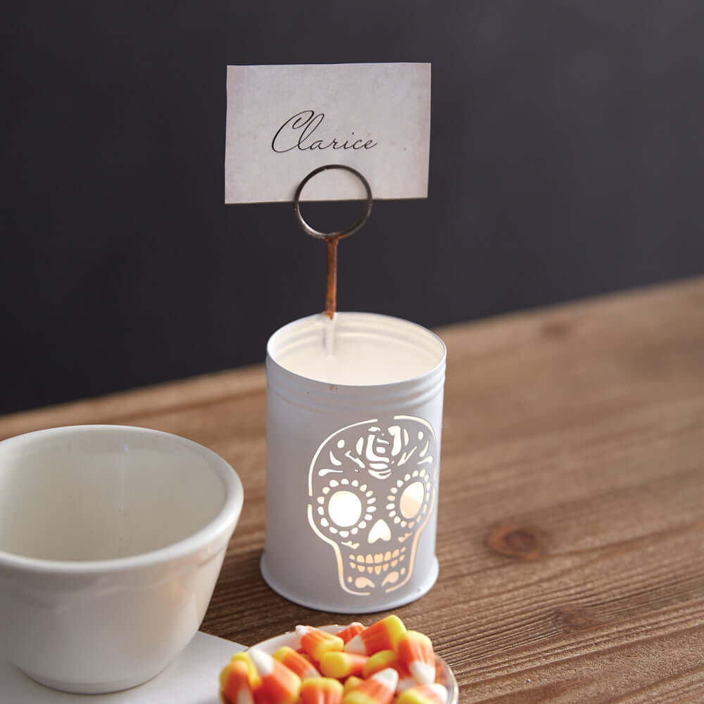 Vintage Sugar Skull Metal Place Card Holder