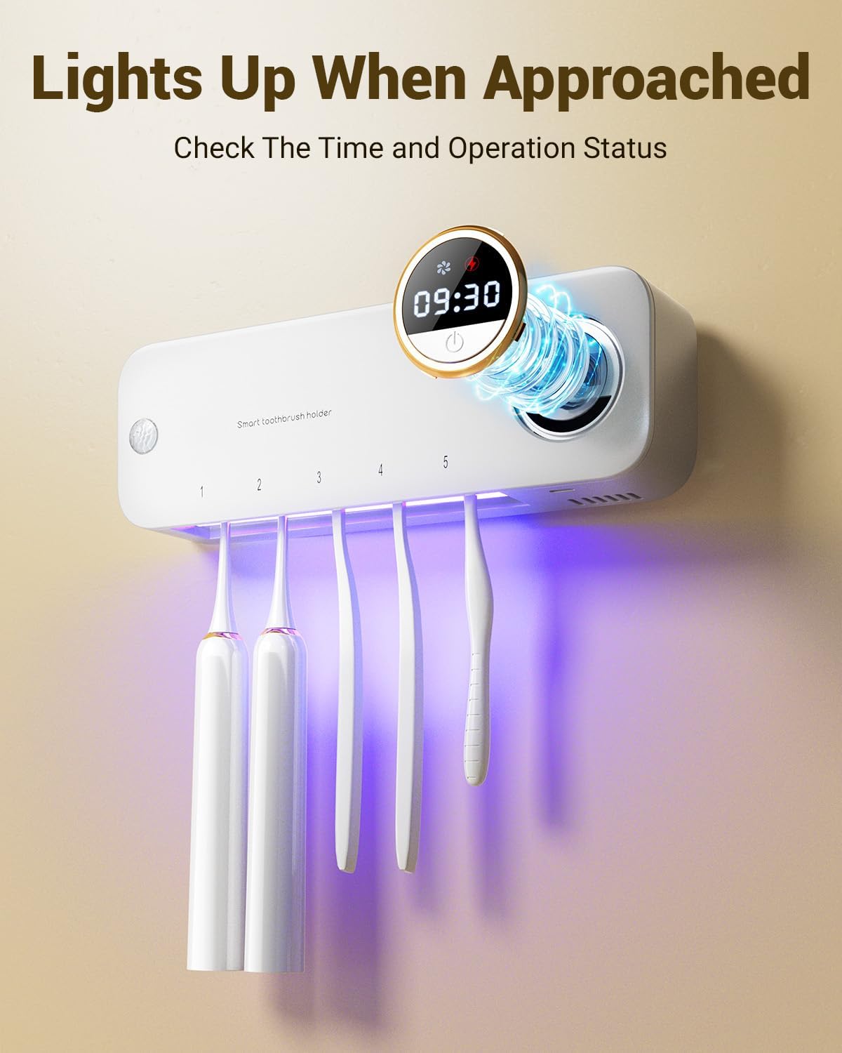 Wall-Mount Toothbrush Holder with Auto-Drying, 4000mAh Battery, Infrared Sensor, Holds 5 Toothbrushes