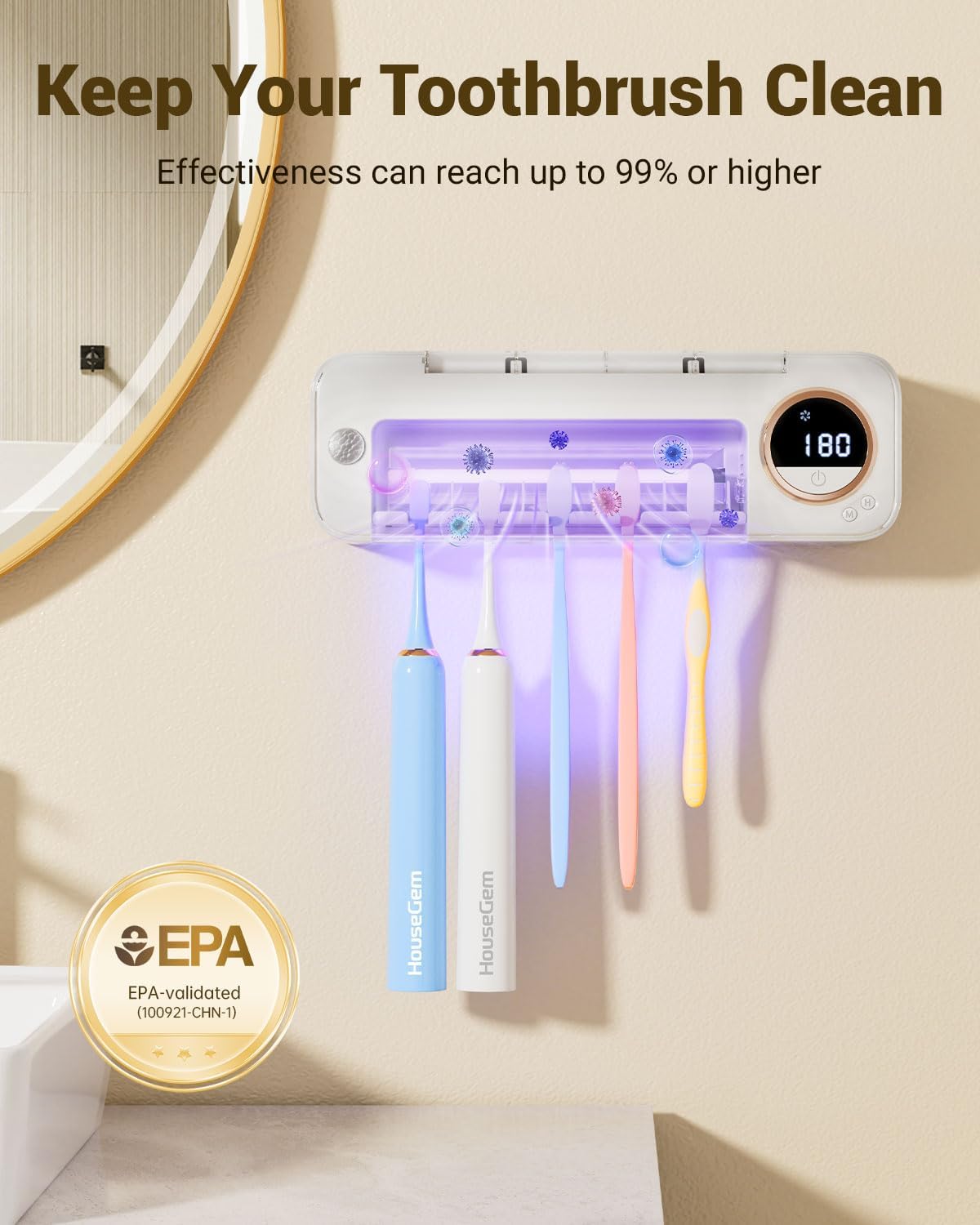 Wall-Mount Toothbrush Holder with Auto-Drying, 4000mAh Battery, Infrared Sensor, Holds 5 Toothbrushes
