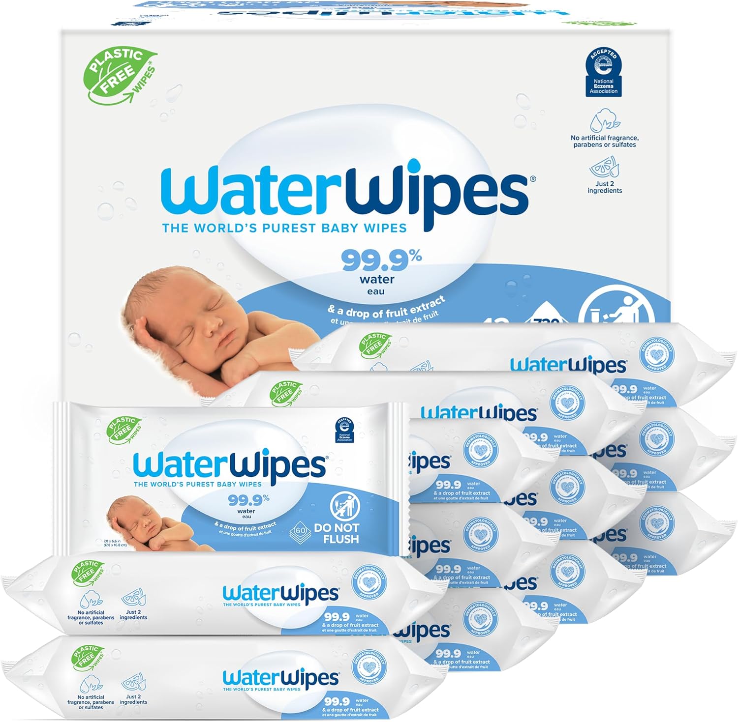 WaterWipes Sensitive+ Newborn & Baby Wipes, 3-In-1 Cleans, Cares, Protects, 99.9% Water, Unscented & Hypoallergenic, 720 Count (12 Packs)