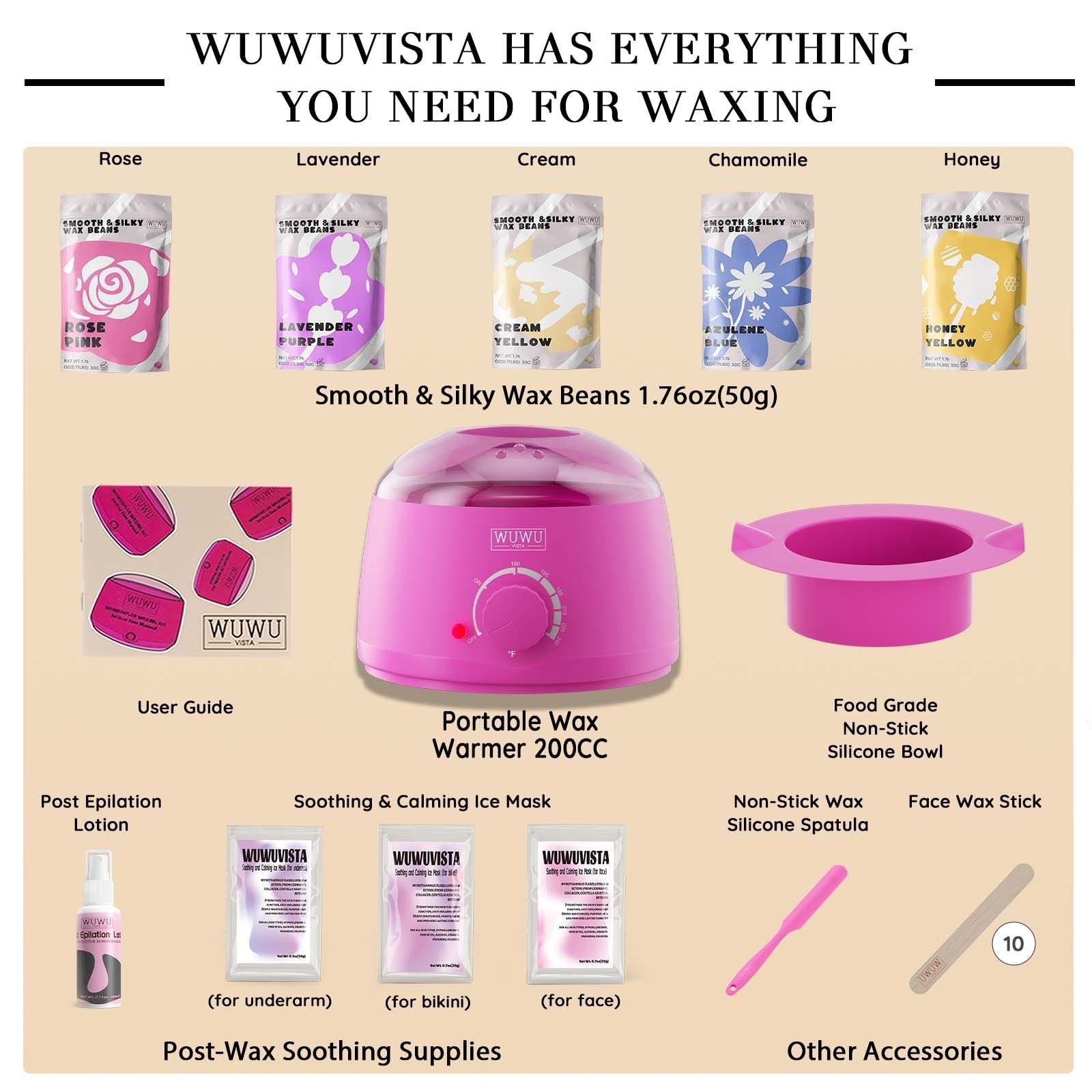 Waxing kit 23 items, WUWUVISTA Hair Removal Hard Wax Kit with Wax Warmer&Wax Beads for Full Body/Face/Underarm/Bikini/Sensitive Skin for Women&Men