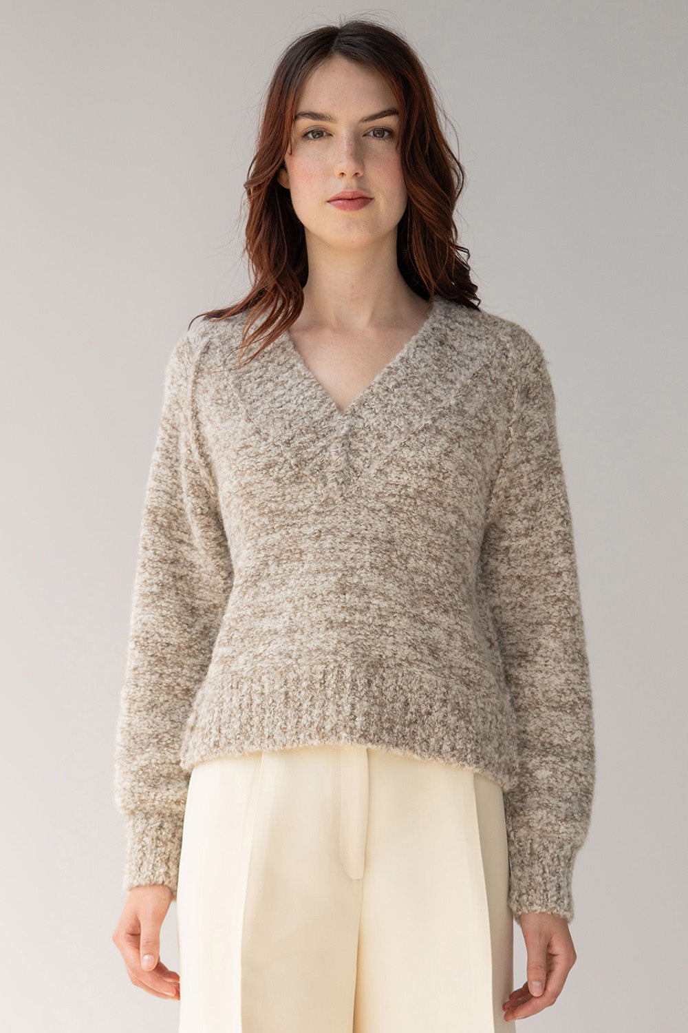 V Neck Boucle Pullover - Oatmeal