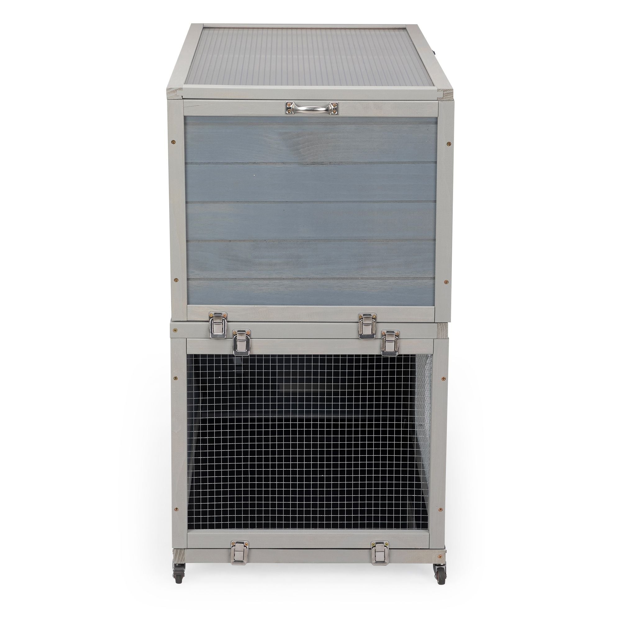 Weatherproof Rabbit House, Indoor/Outdoor Wooden Rabbit Hutch, 2 Story Bunny Cage, Pet House, Wooden Chicken Coop with Wheels, Pull Out Tray for Rabbits and Guinea Pigs, Grey