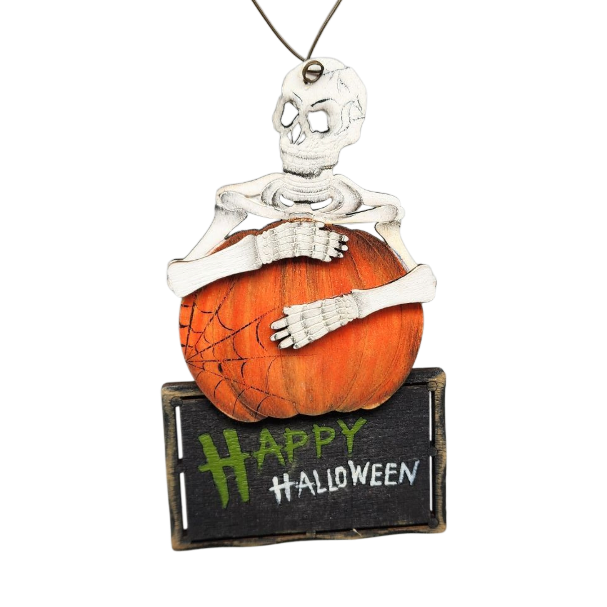 Wooden Halloween Ornament -  Skeleton on a Pumpkin
