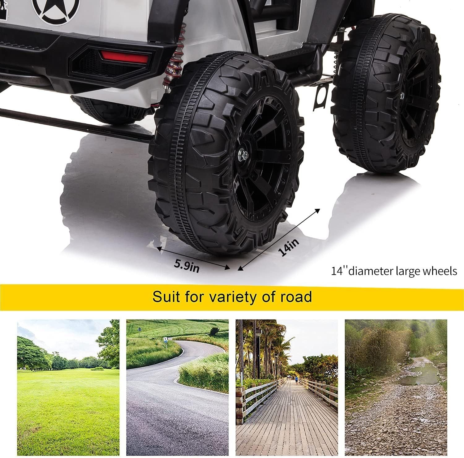 White 48.4" Large Ride On Car for Kids, Battery Powered Electric Car with 2 Seats, Remote Control, 14" Large Suspension Wheels, LED Lights, Music, Bluetooth for Boys & Girls