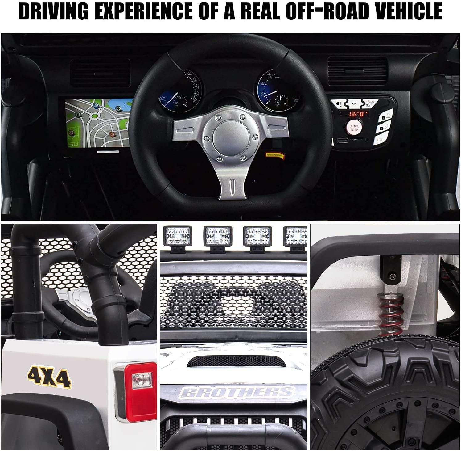 White 48.4" Large Ride On Car for Kids, Battery Powered Electric Car with 2 Seats, Remote Control, 14" Large Suspension Wheels, LED Lights, Music, Bluetooth for Boys & Girls