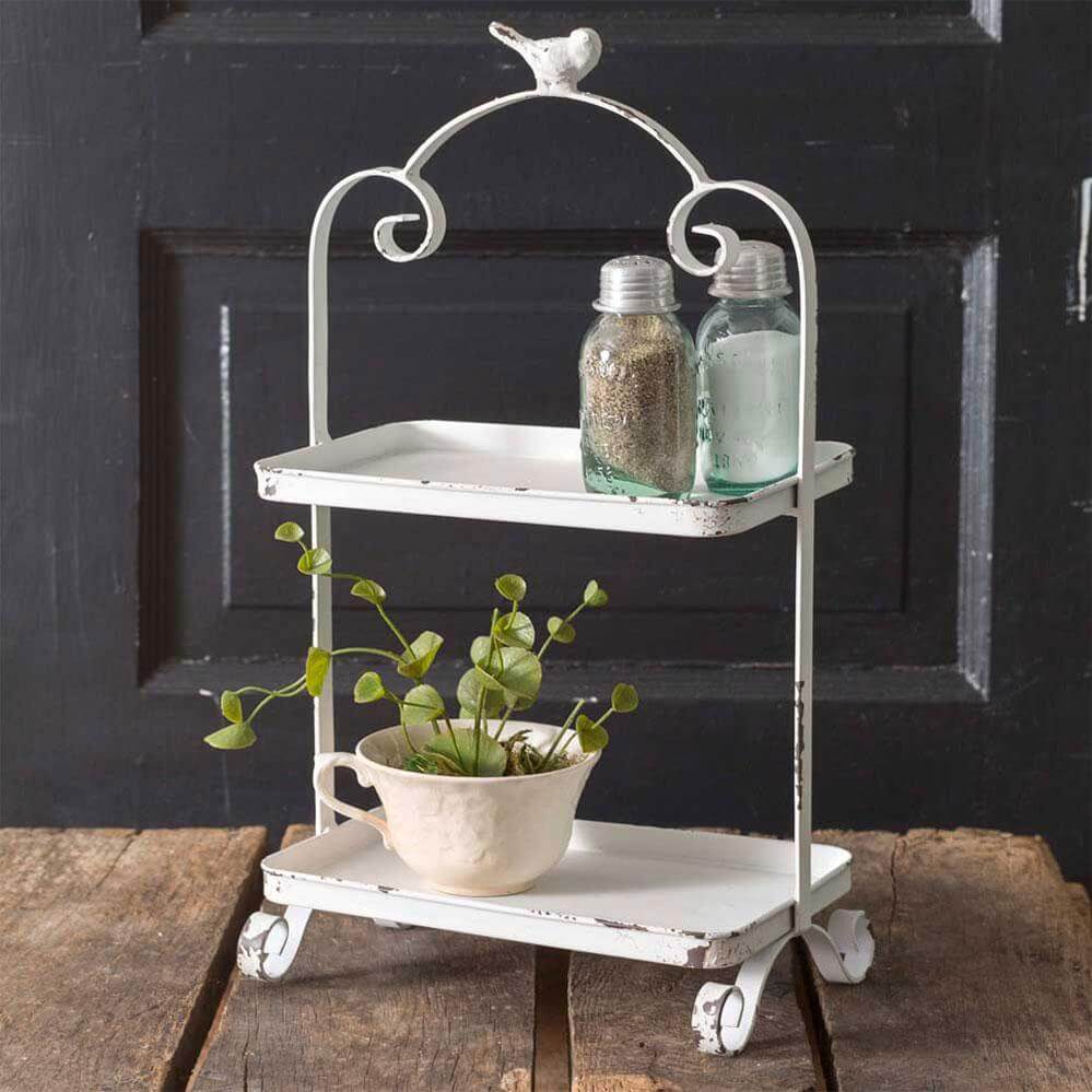 White Cottagecore Two-Tier Tray with Bird