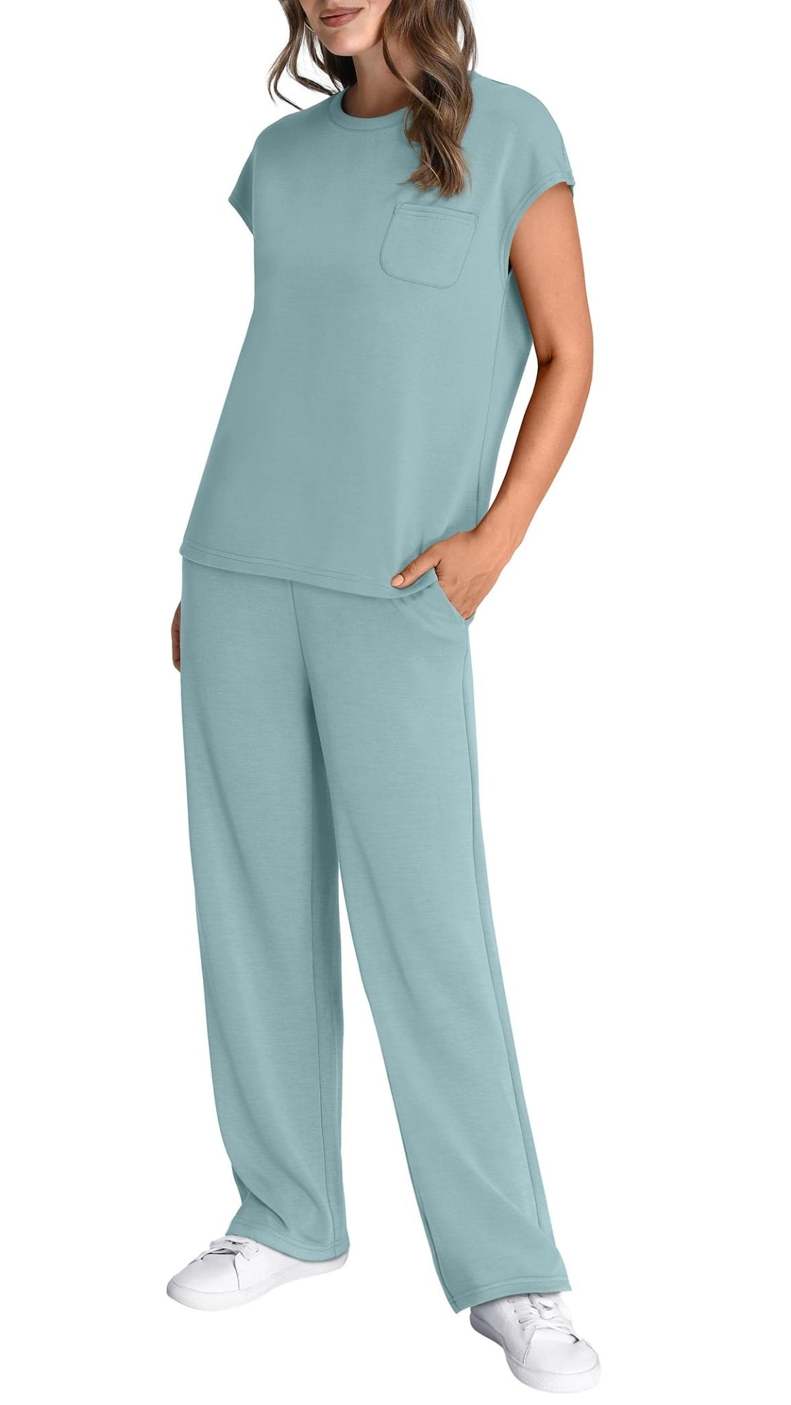 WIHOLL 2 Piece Sets for Women Casual Summer Travel Vacation Outfits Cap Sleeve Lounge Set