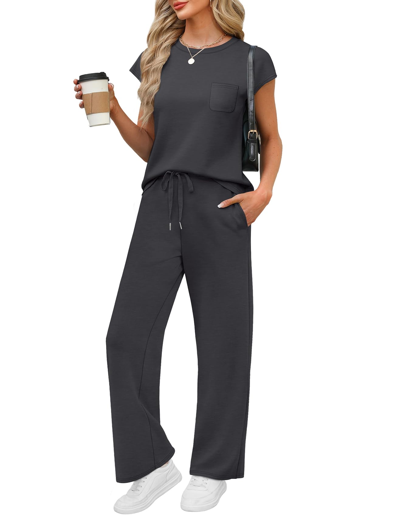 WIHOLL 2 Piece Sets for Women Casual Summer Travel Vacation Outfits Cap Sleeve Lounge Set