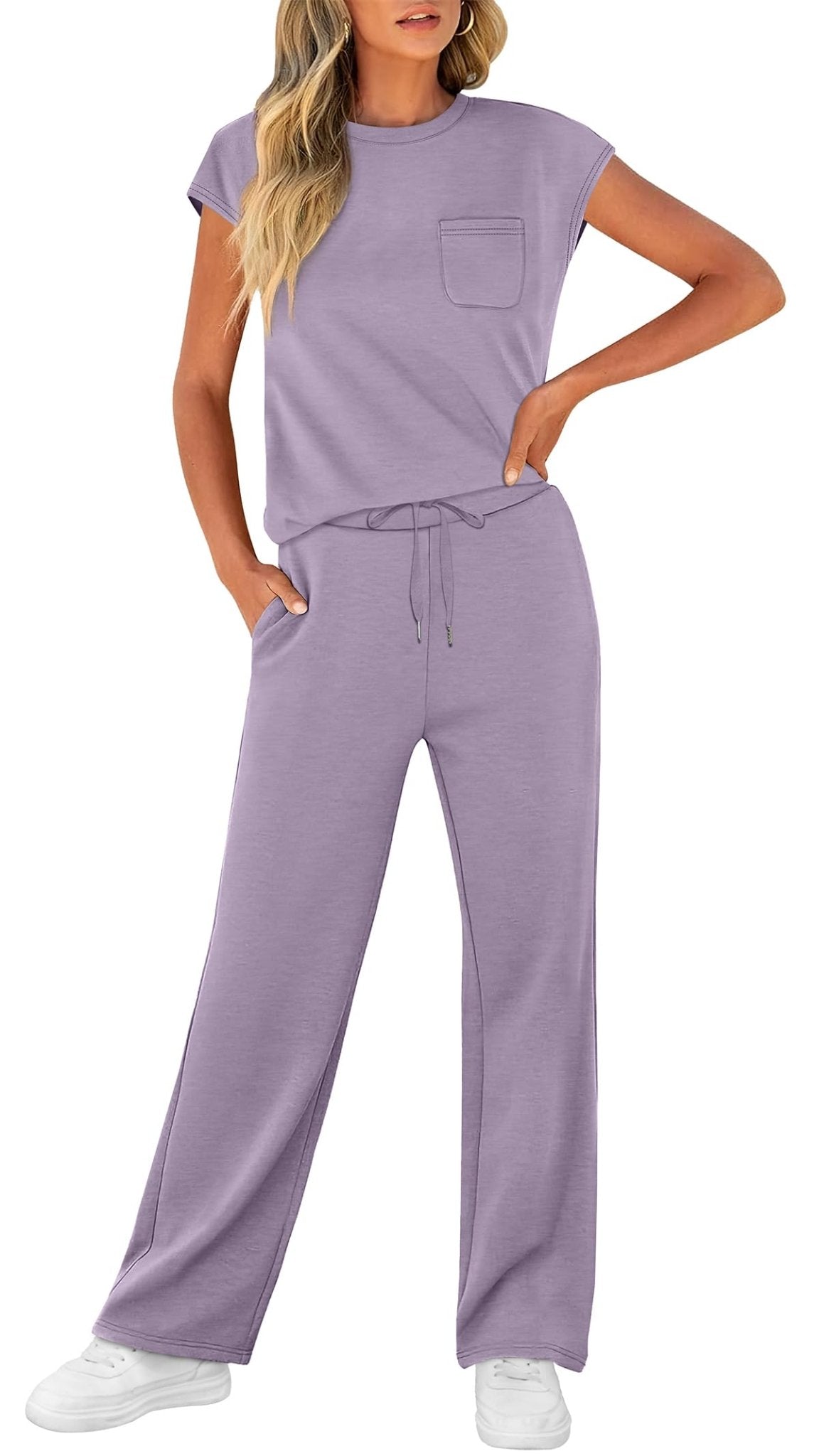 WIHOLL 2 Piece Sets for Women Casual Summer Travel Vacation Outfits Cap Sleeve Lounge Set