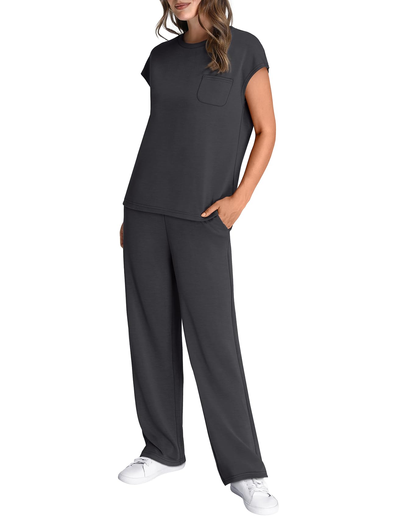 WIHOLL 2 Piece Sets for Women Casual Summer Travel Vacation Outfits Cap Sleeve Lounge Set