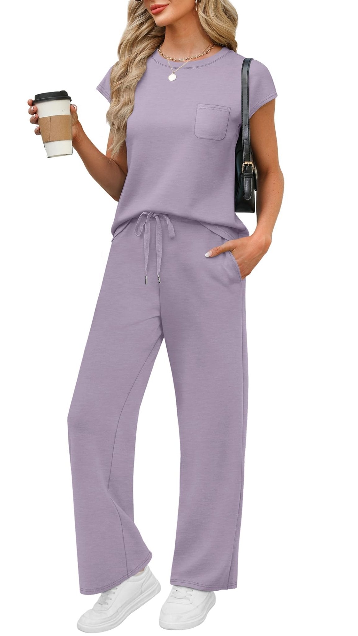 WIHOLL 2 Piece Sets for Women Casual Summer Travel Vacation Outfits Cap Sleeve Lounge Set