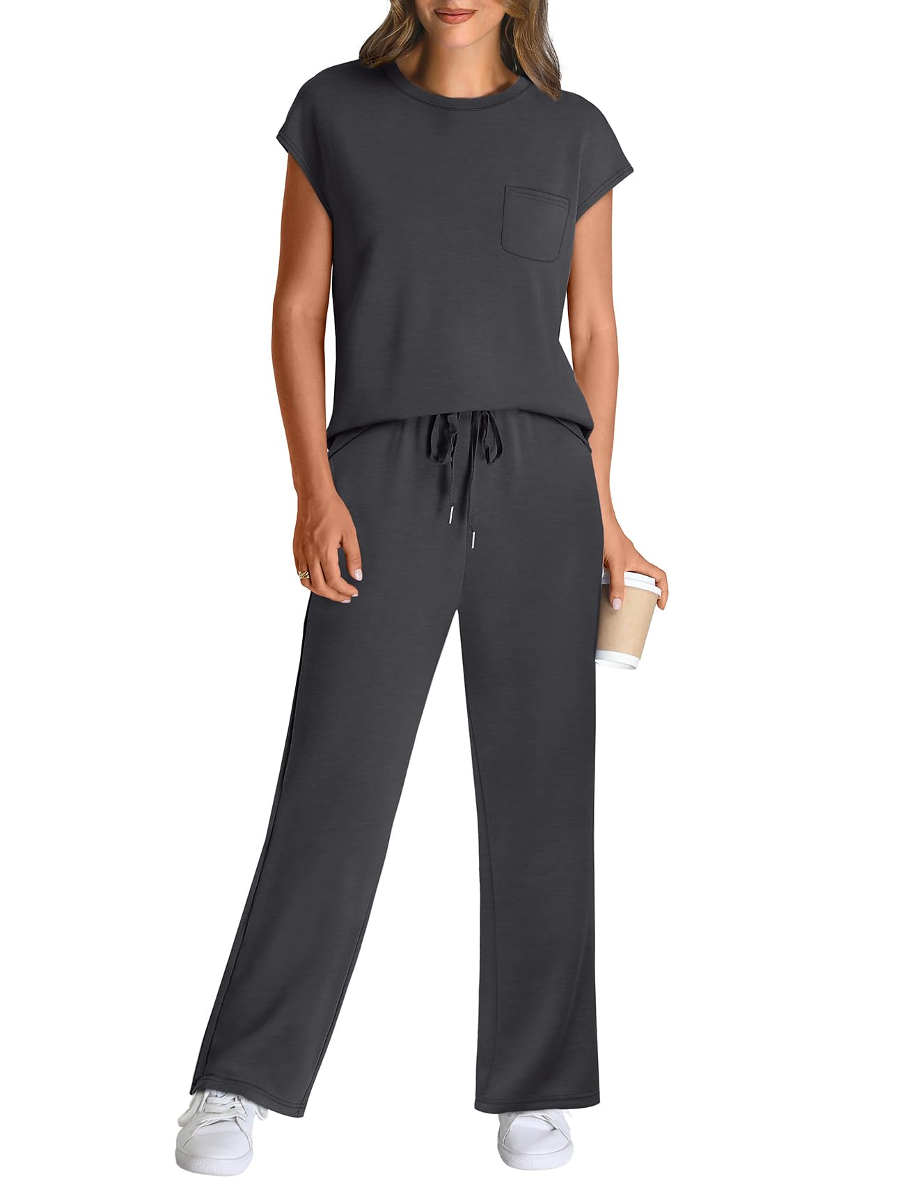 WIHOLL 2 Piece Sets for Women Casual Summer Travel Vacation Outfits Cap Sleeve Lounge Set