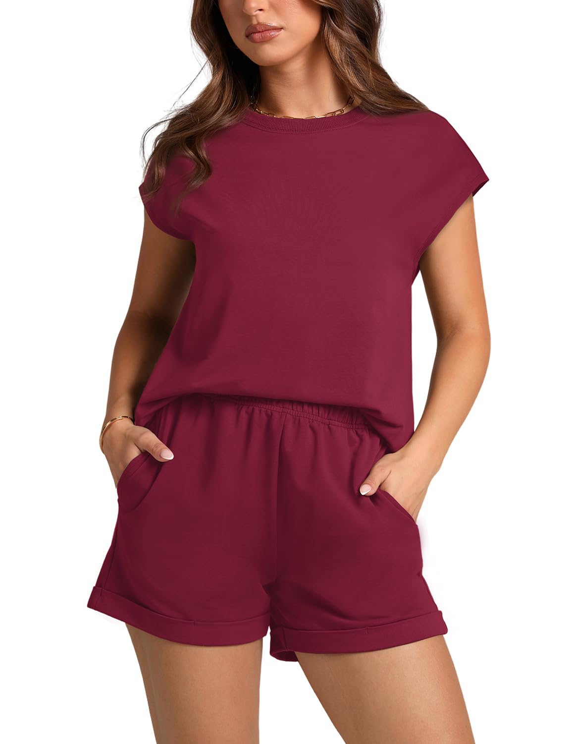 WIHOLL 2 Piece Sets for Women Casual Summer Travel Vacation Outfits Cap Sleeve Shorts Lounge Set