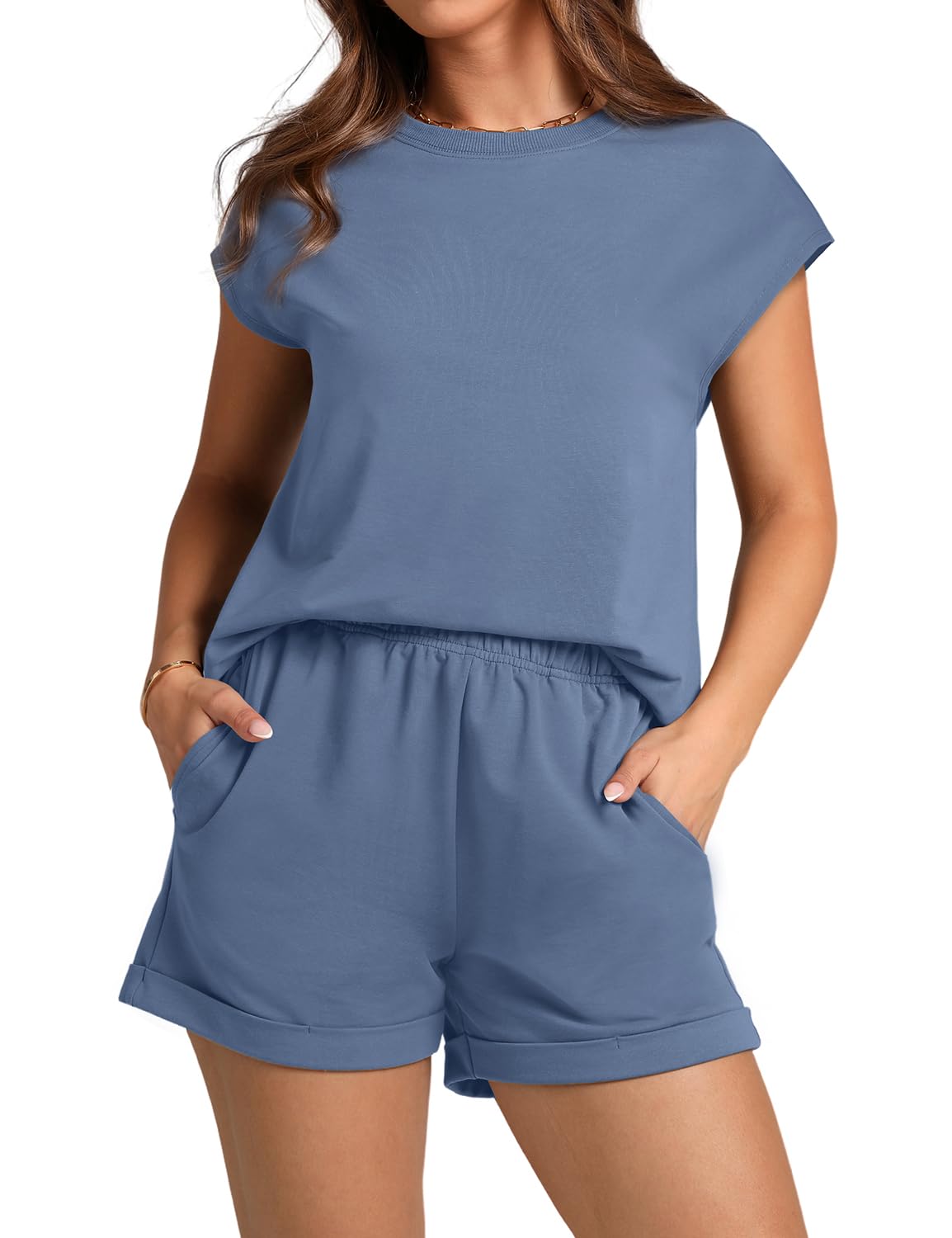 WIHOLL 2 Piece Sets for Women Casual Summer Travel Vacation Outfits Cap Sleeve Shorts Lounge Set