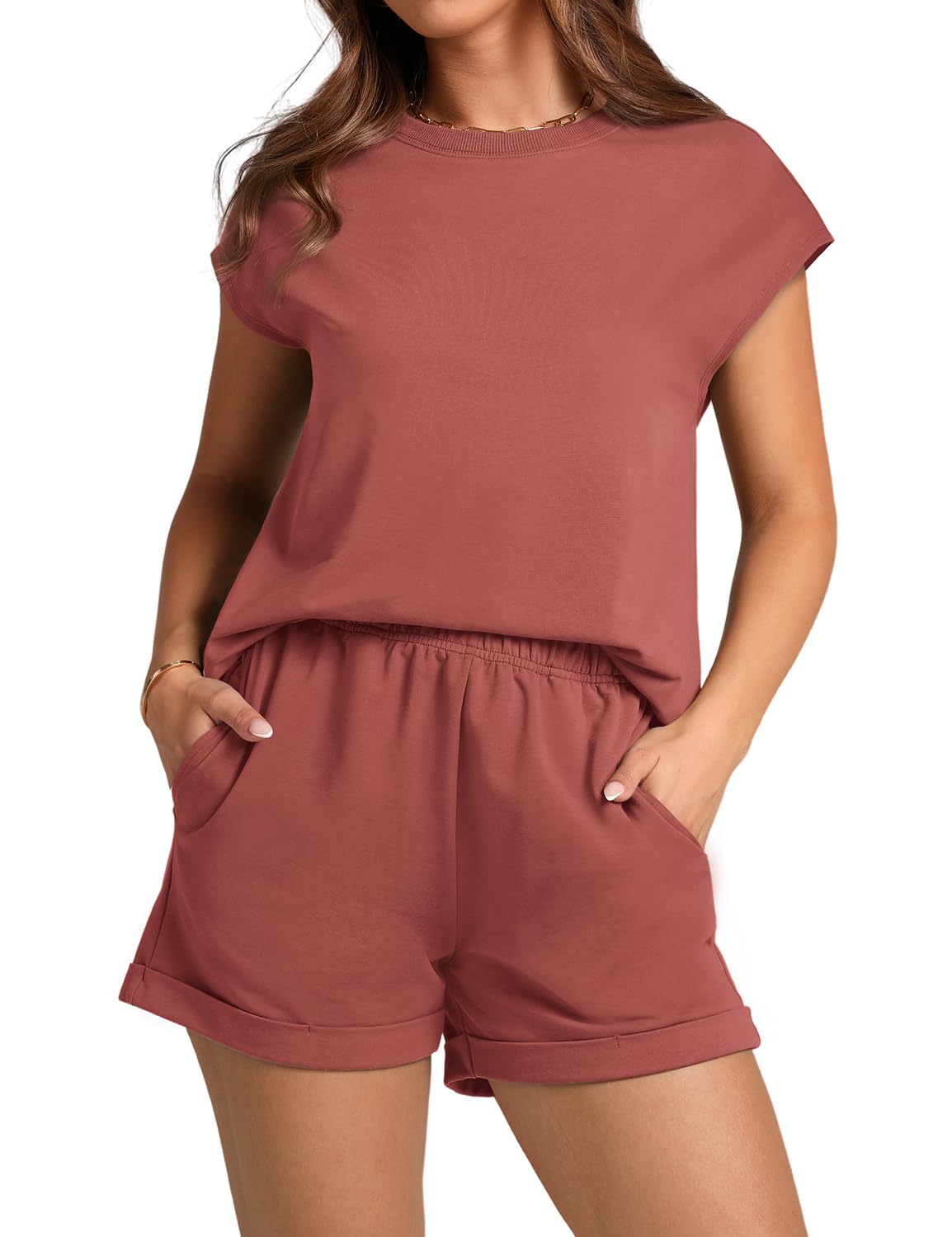 WIHOLL 2 Piece Sets for Women Casual Summer Travel Vacation Outfits Cap Sleeve Shorts Lounge Set