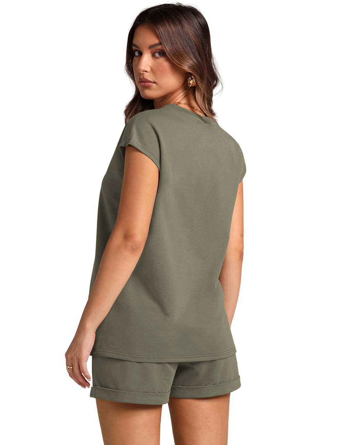 WIHOLL 2 Piece Sets for Women Casual Summer Travel Vacation Outfits Cap Sleeve Shorts Lounge Set